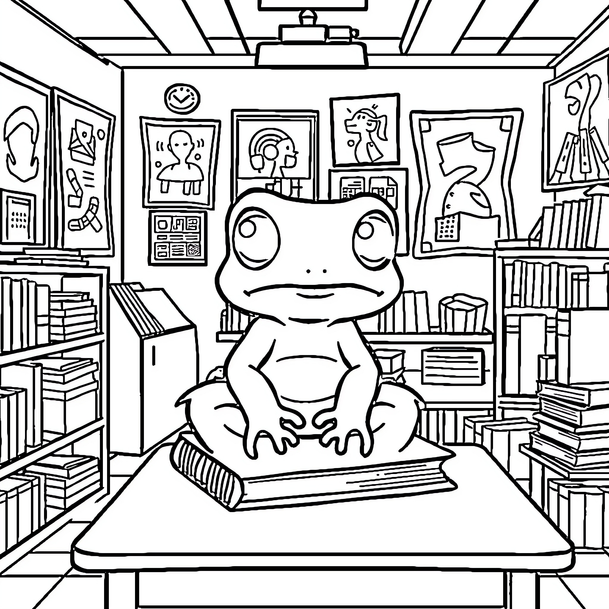 Toad sitting calmly in a cozy study Coloring Page (free black-and-white line drawing printable PDF for all, from beginners to advanced learners, including children, teens, adults, and seniors)