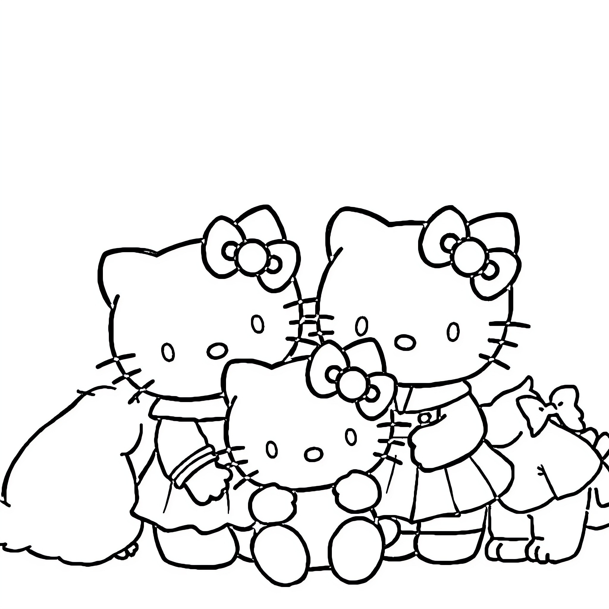 Hello Kitty and Friends Gathering Together Coloring Page (free black-and-white line drawing printable PDF for all, from beginners to advanced learners, including children, teens, adults, and seniors)