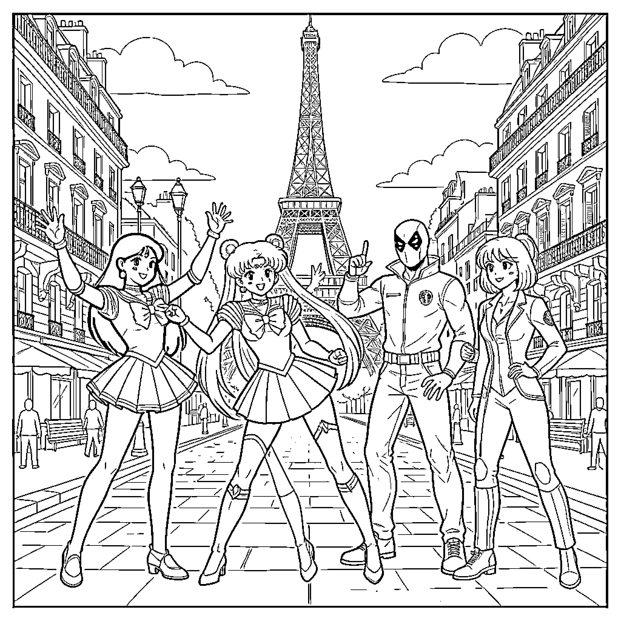 Sailormoon and friends posing together in Paris Coloring Page (free black-and-white line drawing printable PDF for all, from beginners to advanced learners, including children, teens, adults, and seniors)