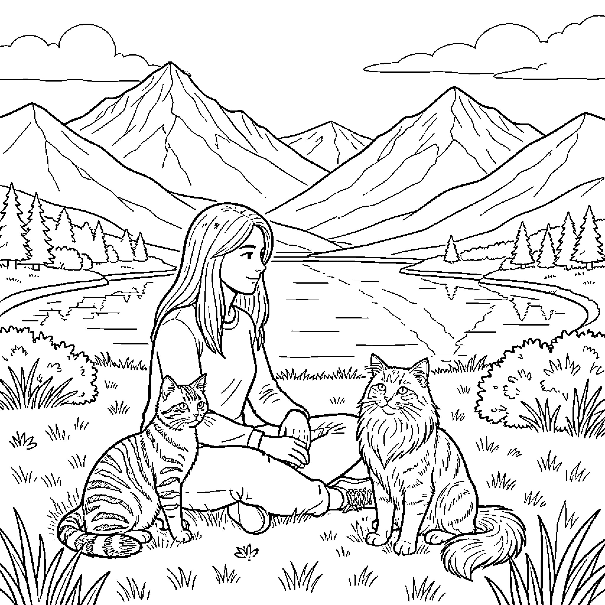 Woman relaxing with pet cat in mountain landscape Coloring Page (free black-and-white line drawing printable PDF for all, from beginners to advanced learners, including children, teens, adults, and seniors)