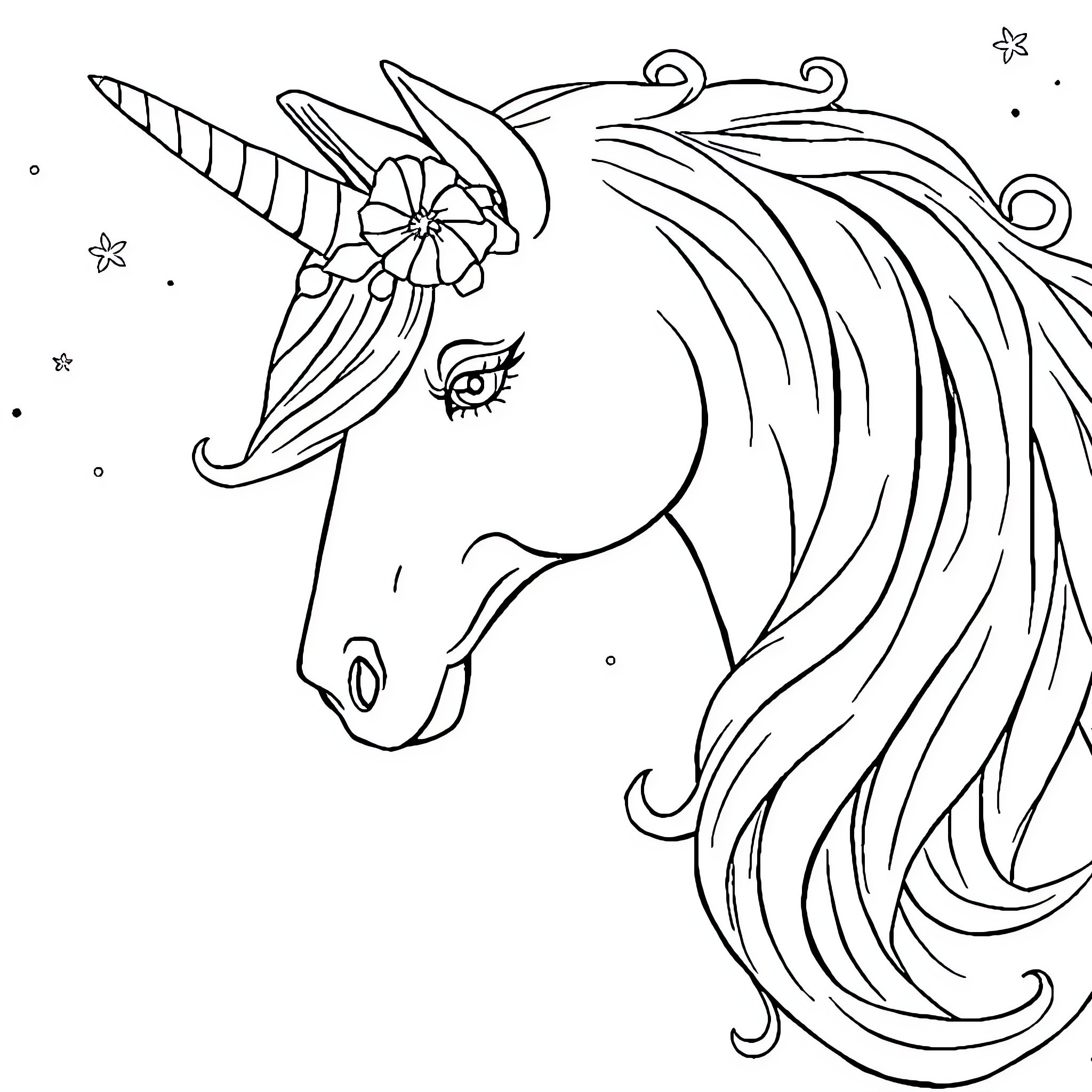 Unicorn with floral crown and intricate mane Coloring Page (free black-and-white line drawing printable PDF for all, from beginners to advanced learners, including children, teens, adults, and seniors)