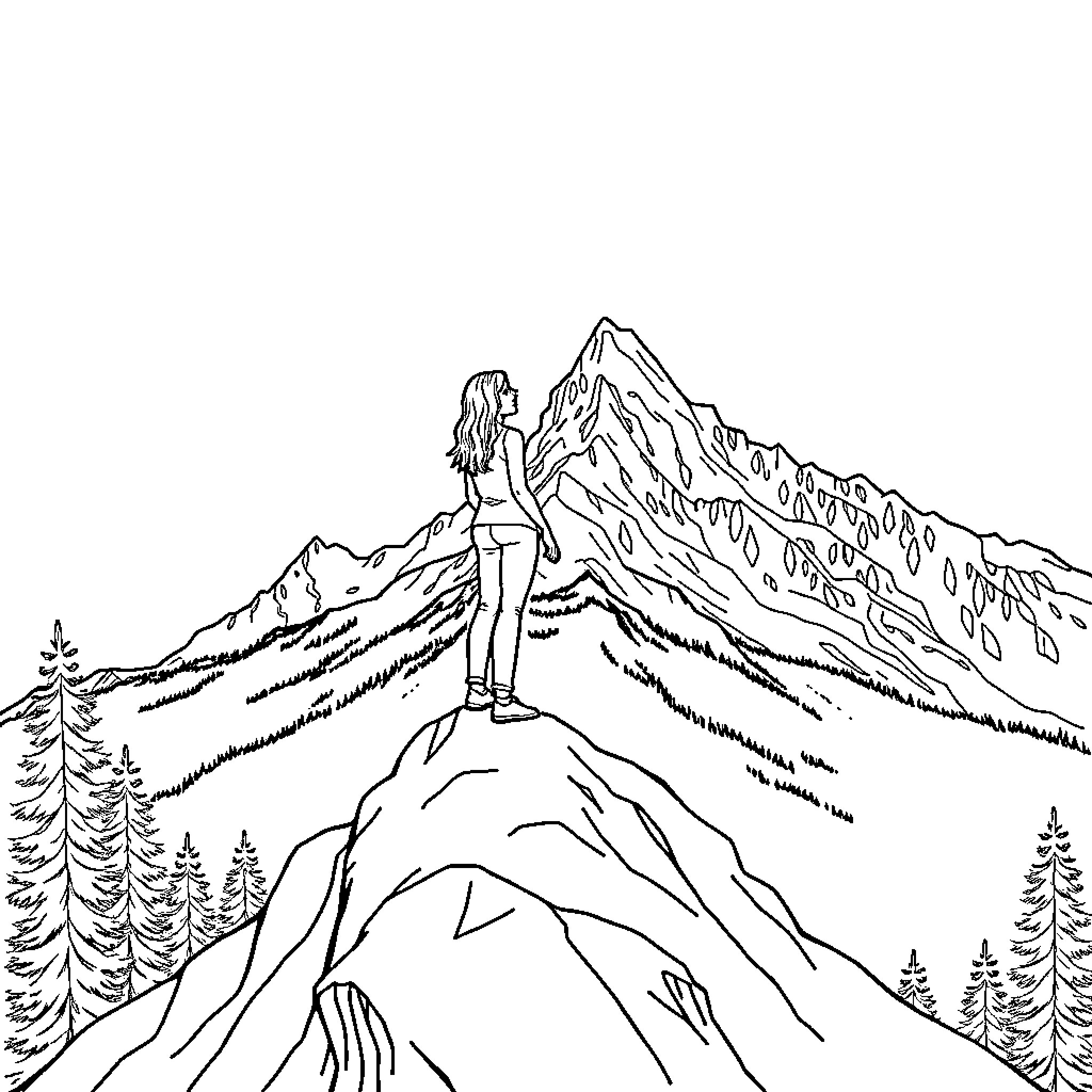 Ashlyn enjoying the mountain scenery Coloring Page (free black-and-white line drawing printable PDF for all, from beginners to advanced learners, including children, teens, adults, and seniors)