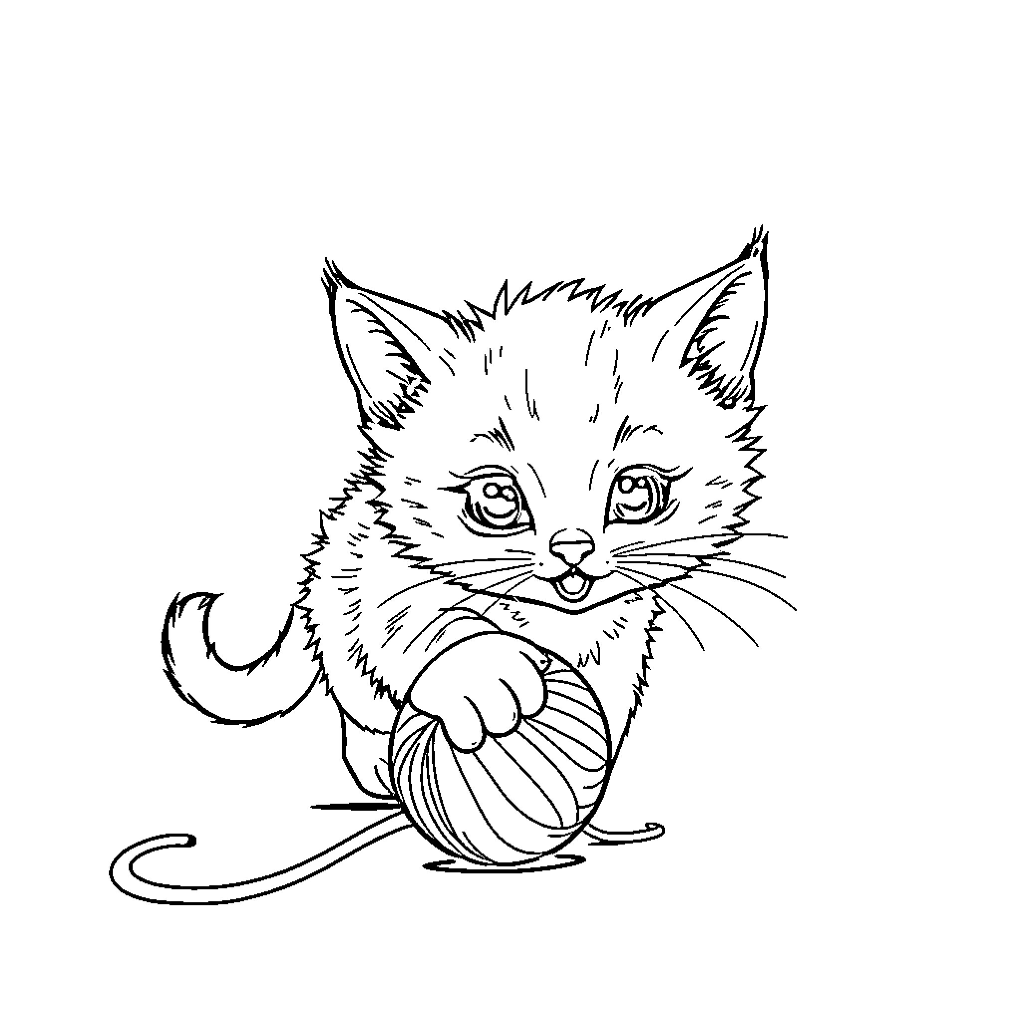 Kitten playing with yarn ball Coloring Page (free black-and-white line drawing printable PDF for all, from beginners to advanced learners, including children, teens, adults, and seniors)