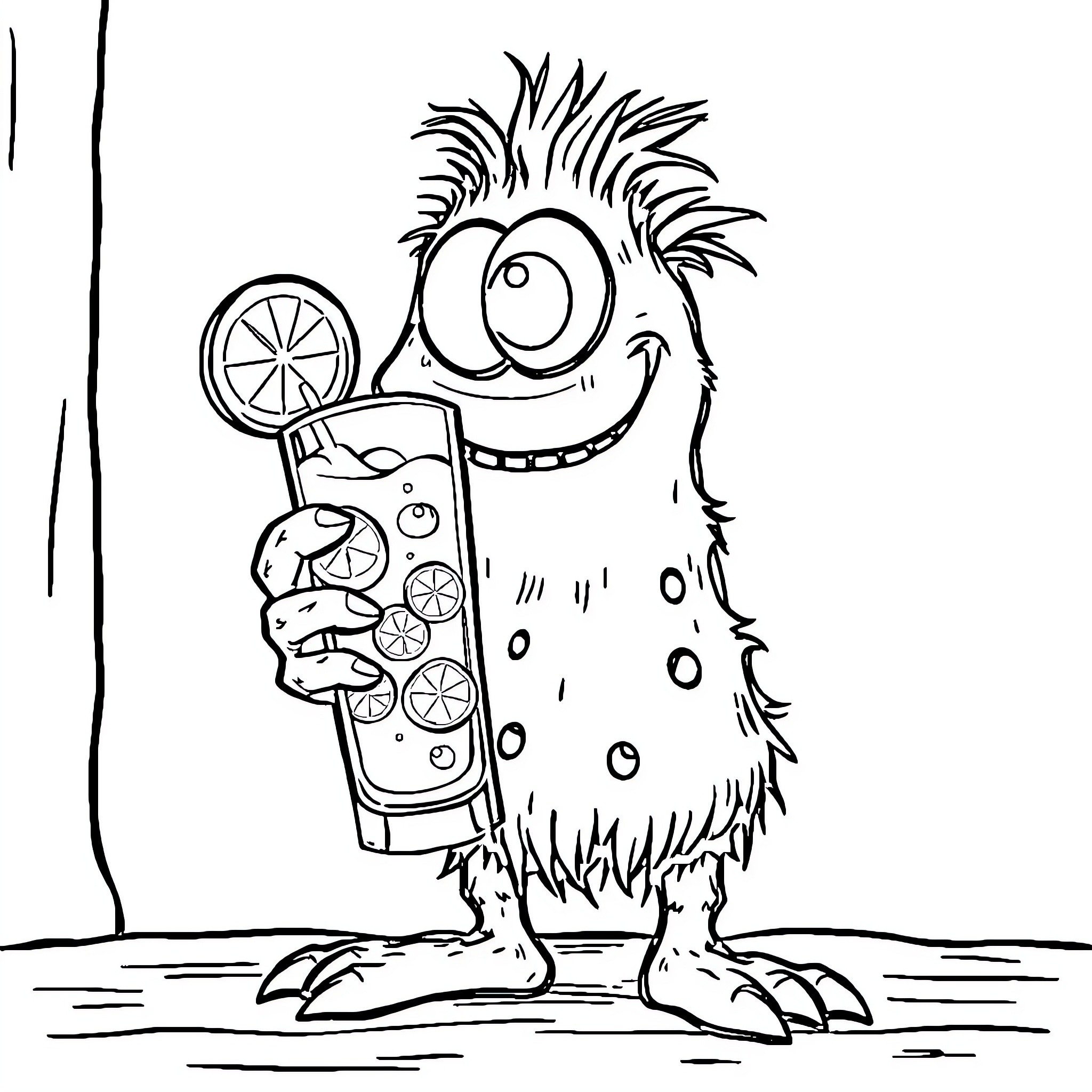 Monster enjoying a refreshing drink Coloring Page (free black-and-white line drawing printable PDF for all, from beginners to advanced learners, including children, teens, adults, and seniors)