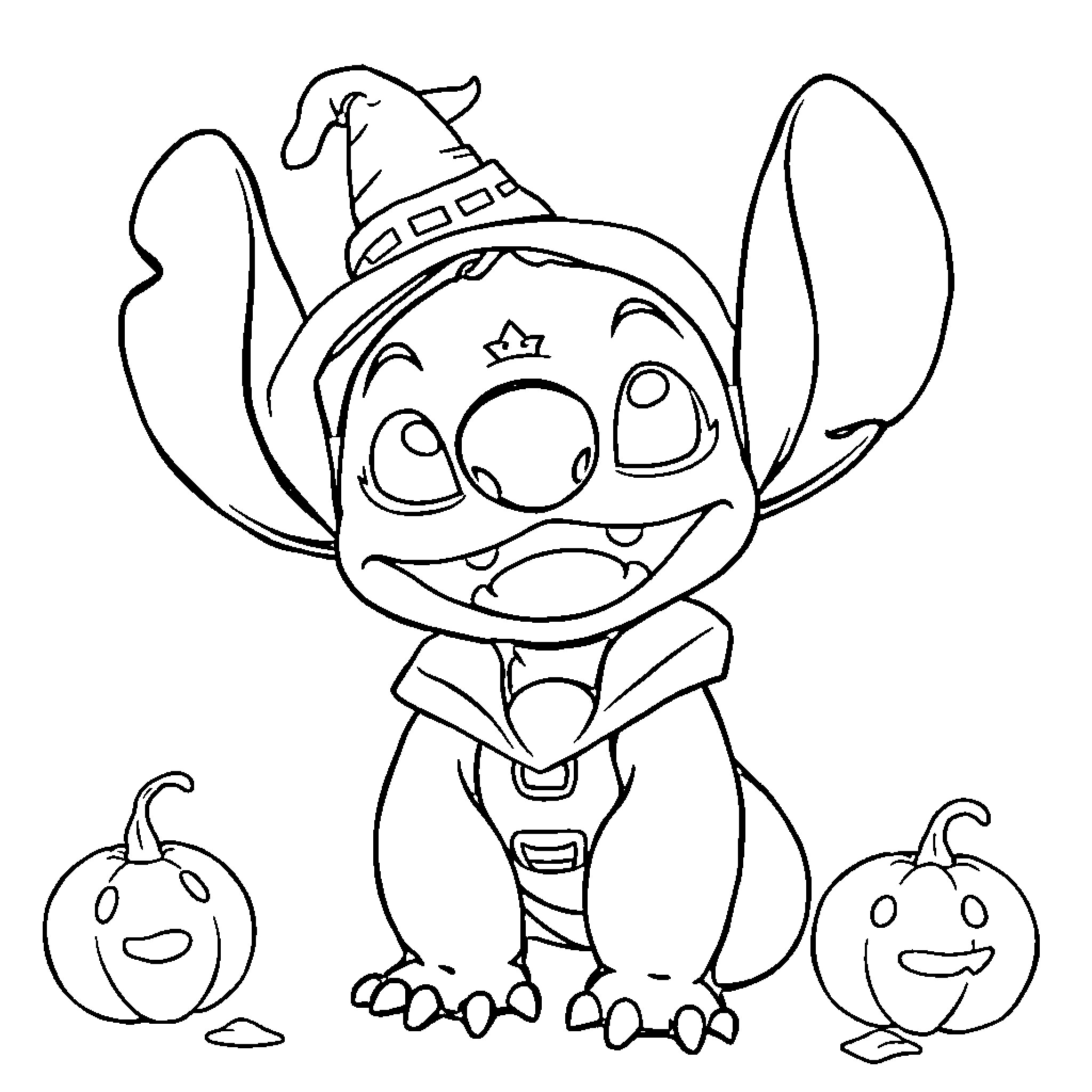 Stitch smiling and posing with Halloween pumpkins Coloring Page (free black-and-white line drawing printable PDF for all, from beginners to advanced learners, including children, teens, adults, and seniors)