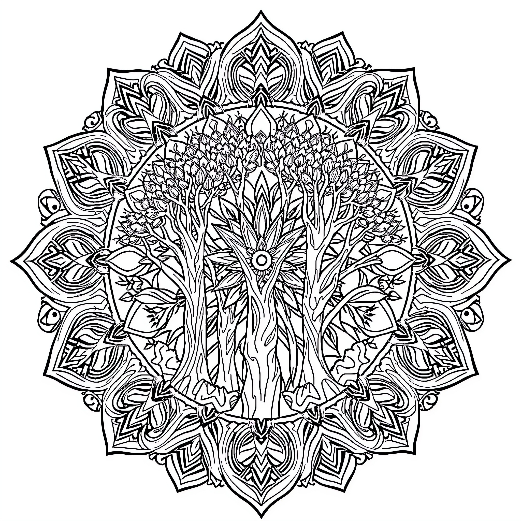 Tree of Ornate Geometric Patterns Coloring Page (free black-and-white line drawing printable PDF for all, from beginners to advanced learners, including children, teens, adults, and seniors)