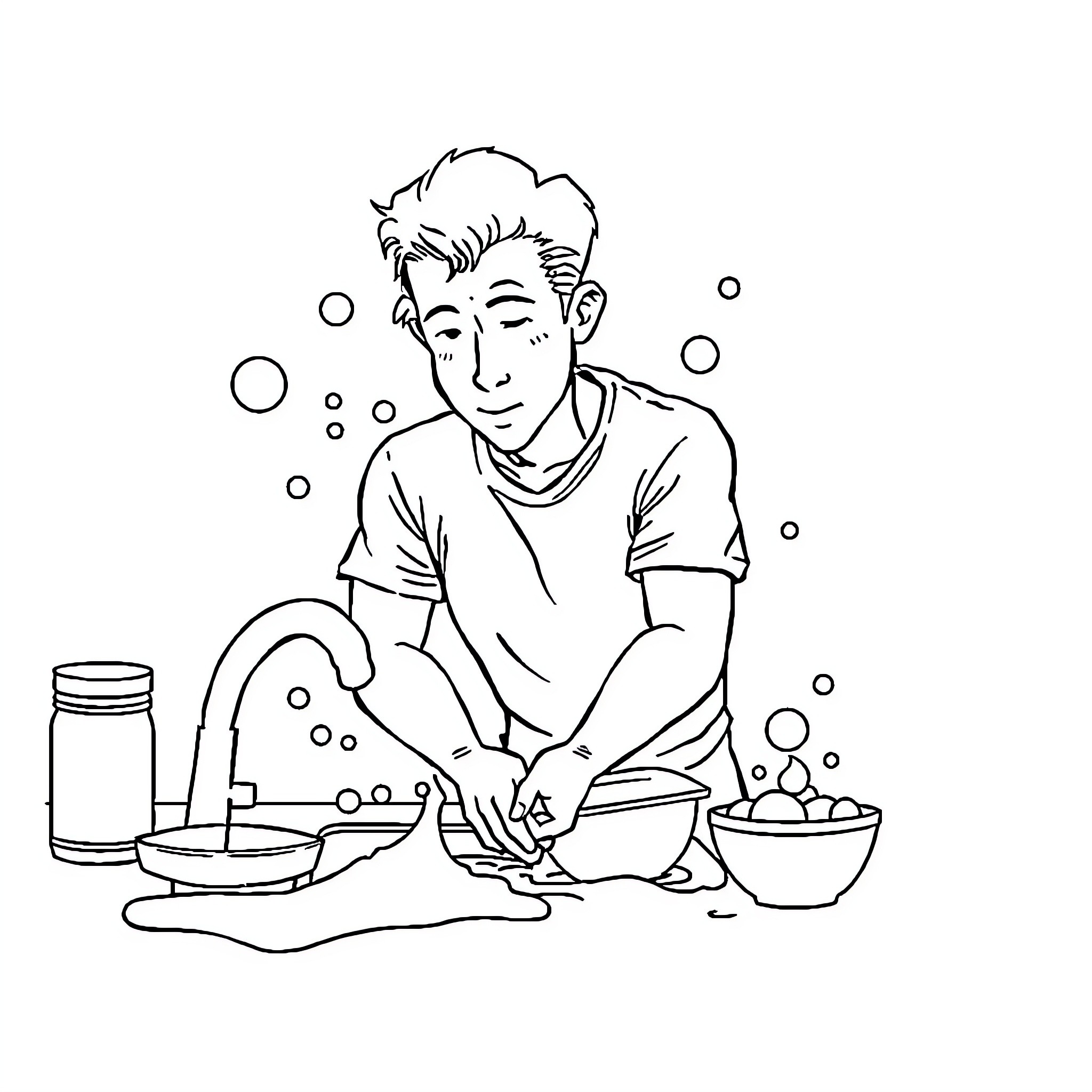 Man cooking a meal in the kitchen Coloring Page (free black-and-white line drawing printable PDF for all, from beginners to advanced learners, including children, teens, adults, and seniors)