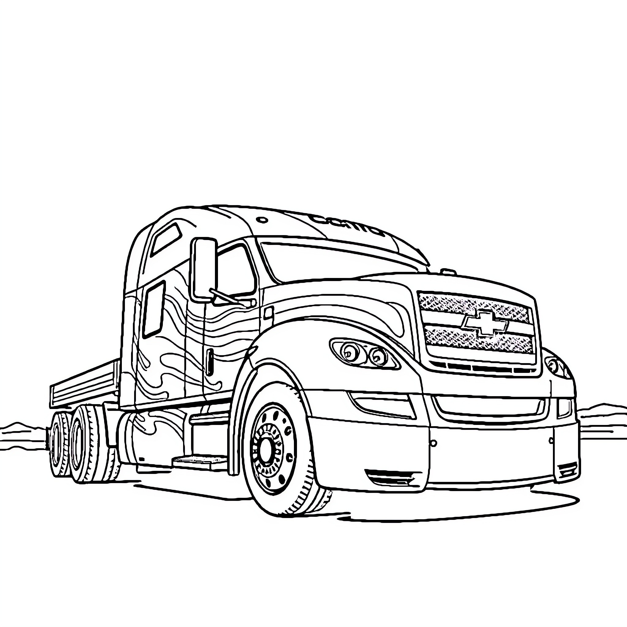 Chevy heavy-duty truck in action on the road Coloring Page (free black-and-white line drawing printable PDF for all, from beginners to advanced learners, including children, teens, adults, and seniors)