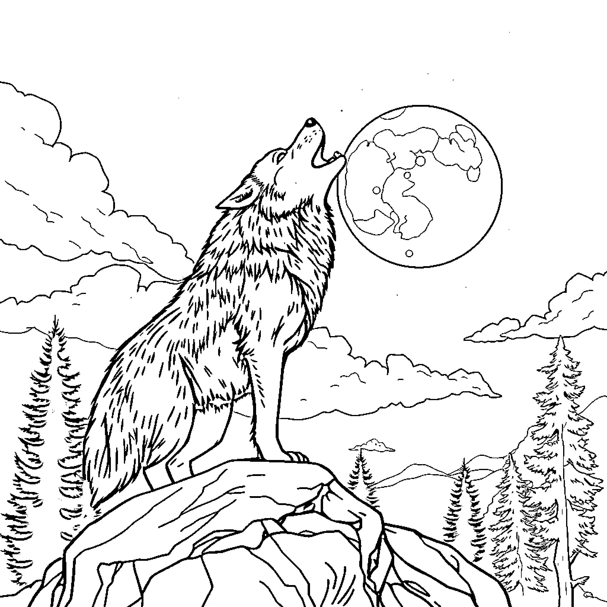 Wolf howling under the moonlight Coloring Page (free black-and-white line drawing printable PDF for all, from beginners to advanced learners, including children, teens, adults, and seniors)