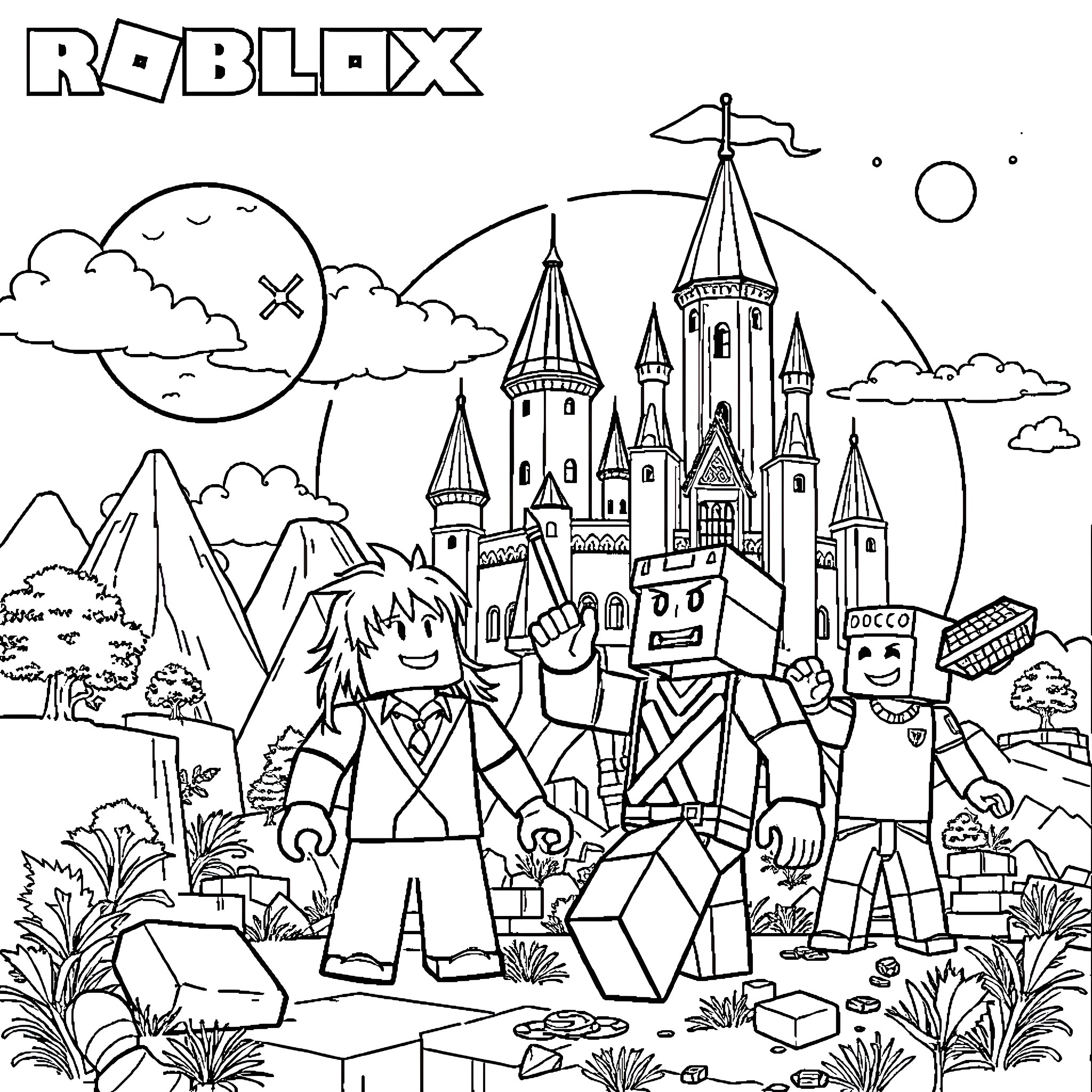 Roblox characters exploring a fantastical castle landscape Coloring Page (free black-and-white line drawing printable PDF for all, from beginners to advanced learners, including children, teens, adults, and seniors)
