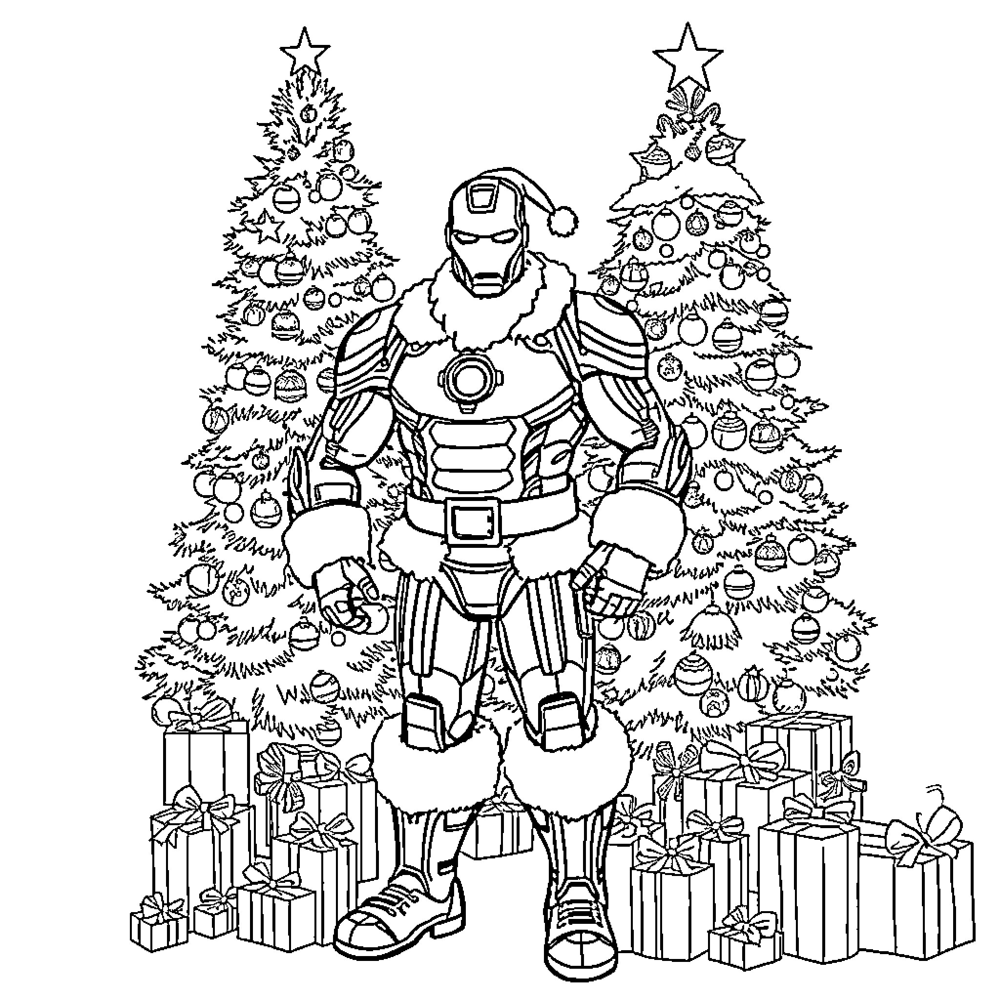 Ironman surrounded by Christmas trees and presents Coloring Page (free black-and-white line drawing printable PDF for all, from beginners to advanced learners, including children, teens, adults, and seniors)
