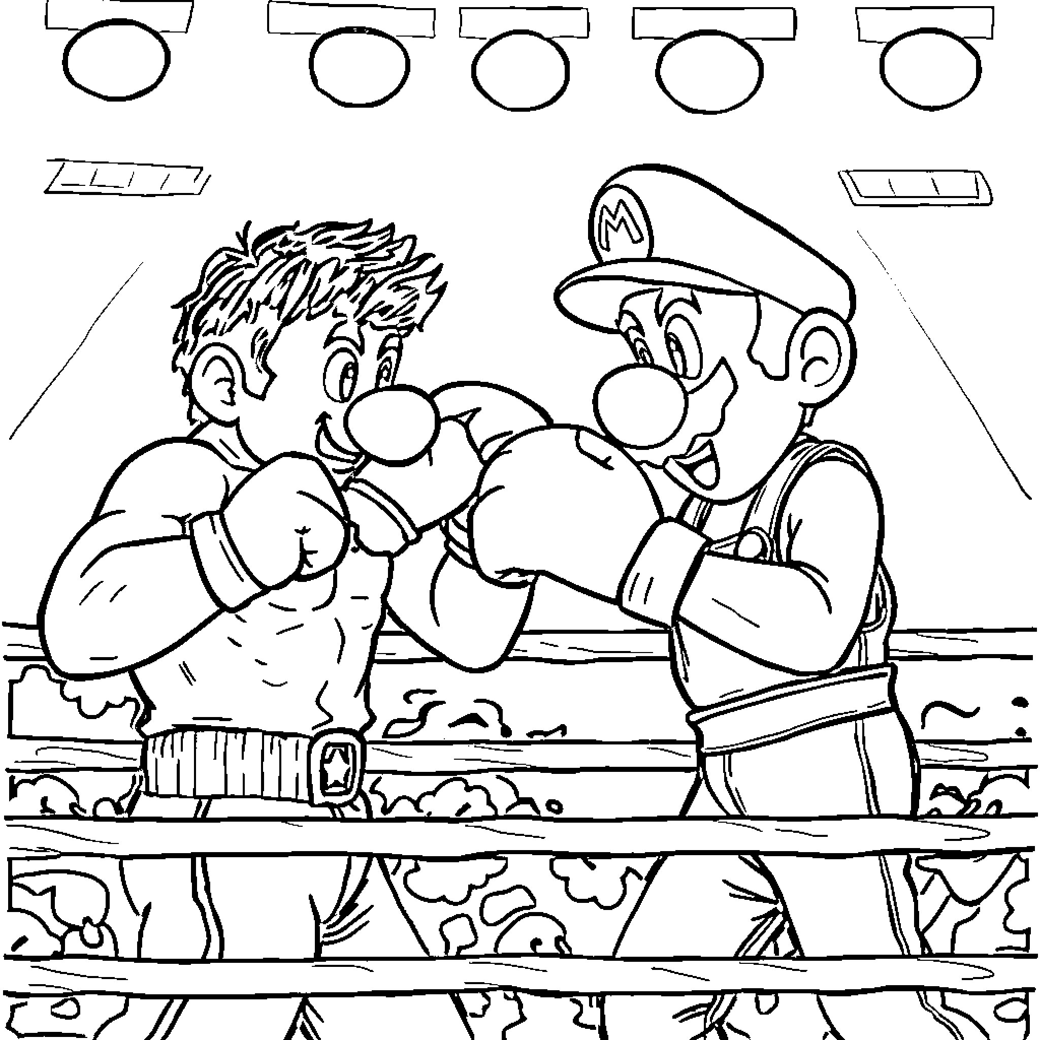 Rocky boxers fighting in a ring match Coloring Page (free black-and-white line drawing printable PDF for all, from beginners to advanced learners, including children, teens, adults, and seniors)