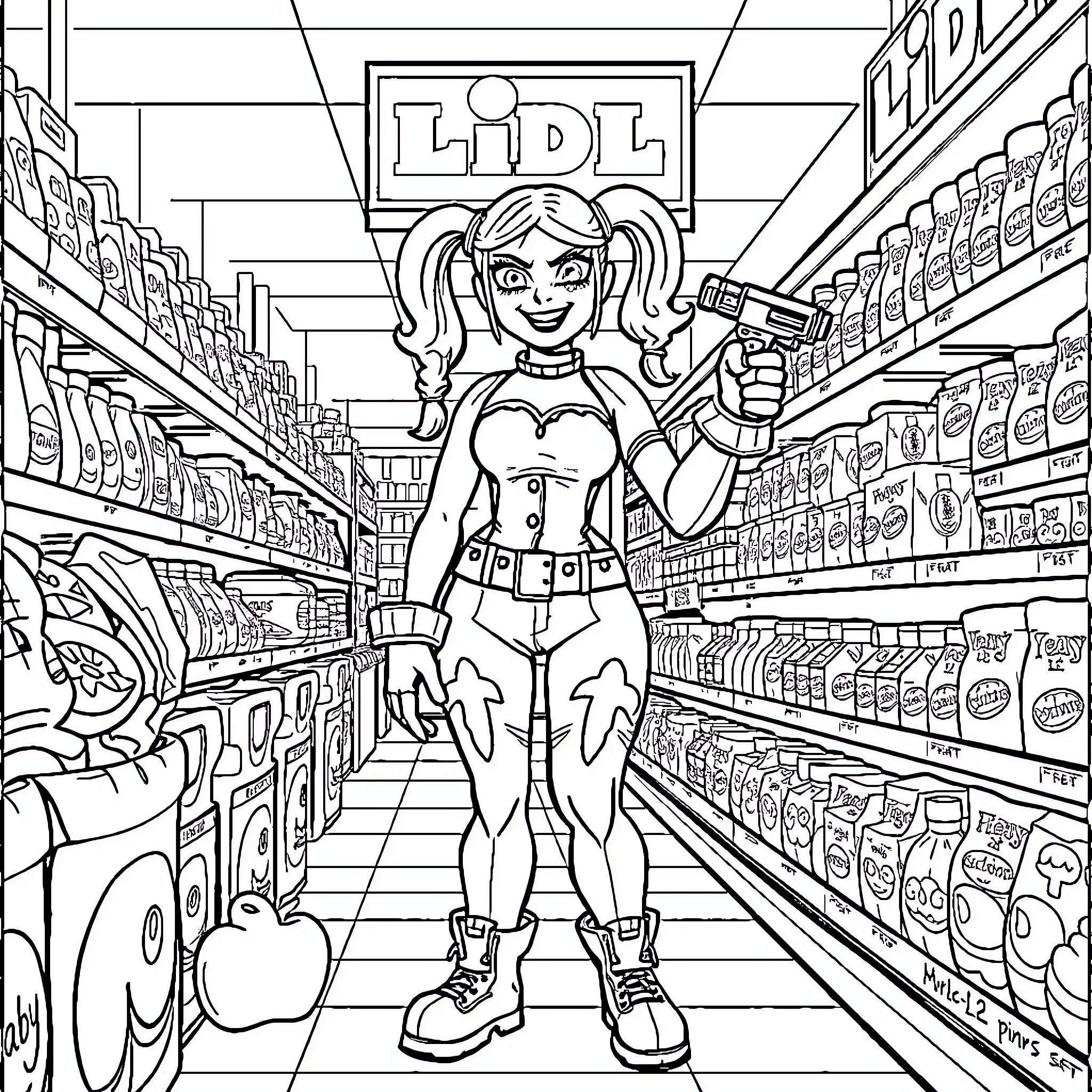Harley Quinn Exploring the Supermarket Aisles Coloring Page (free black-and-white line drawing printable PDF for all, from beginners to advanced learners, including children, teens, adults, and seniors)