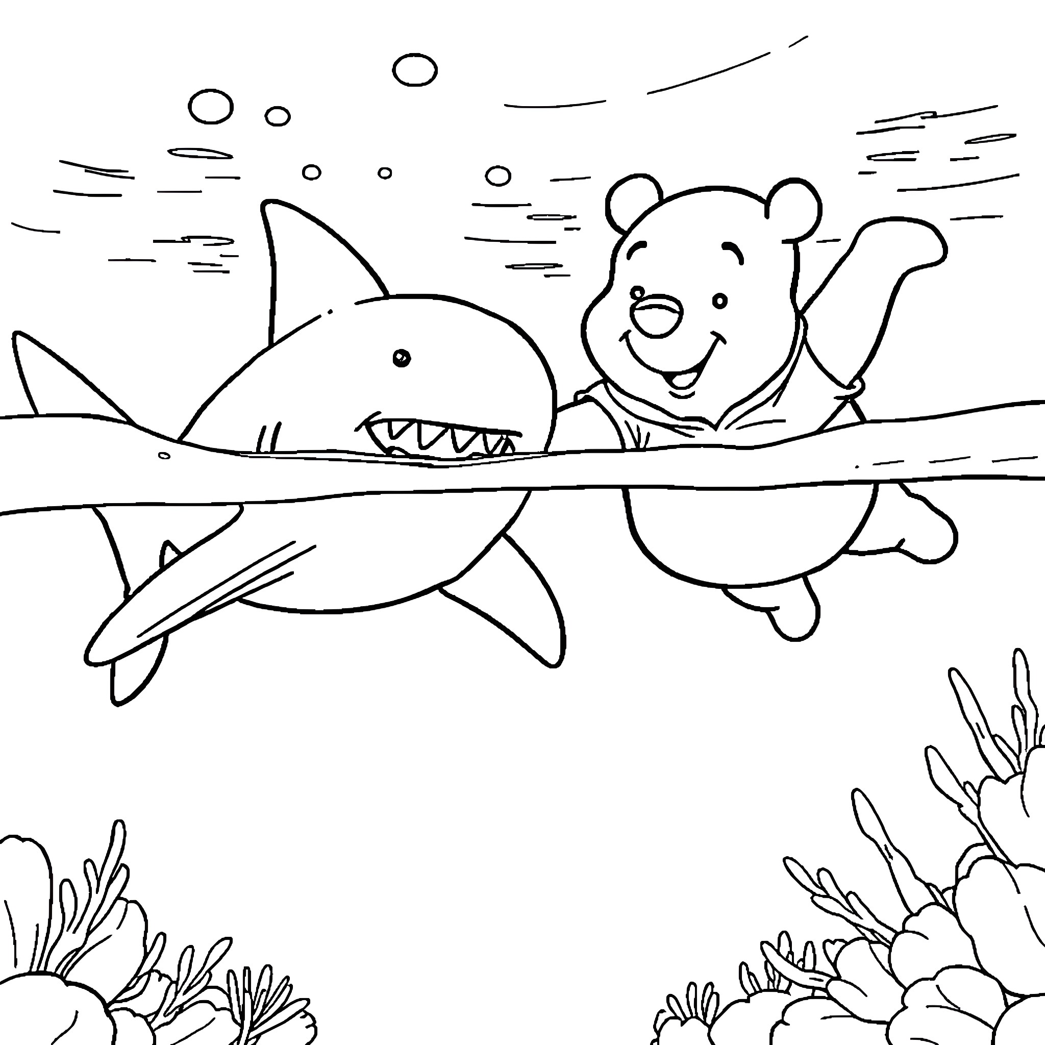Winnie The Pooh playing with a shark in the ocean Coloring Page (free black-and-white line drawing printable PDF for all, from beginners to advanced learners, including children, teens, adults, and seniors)