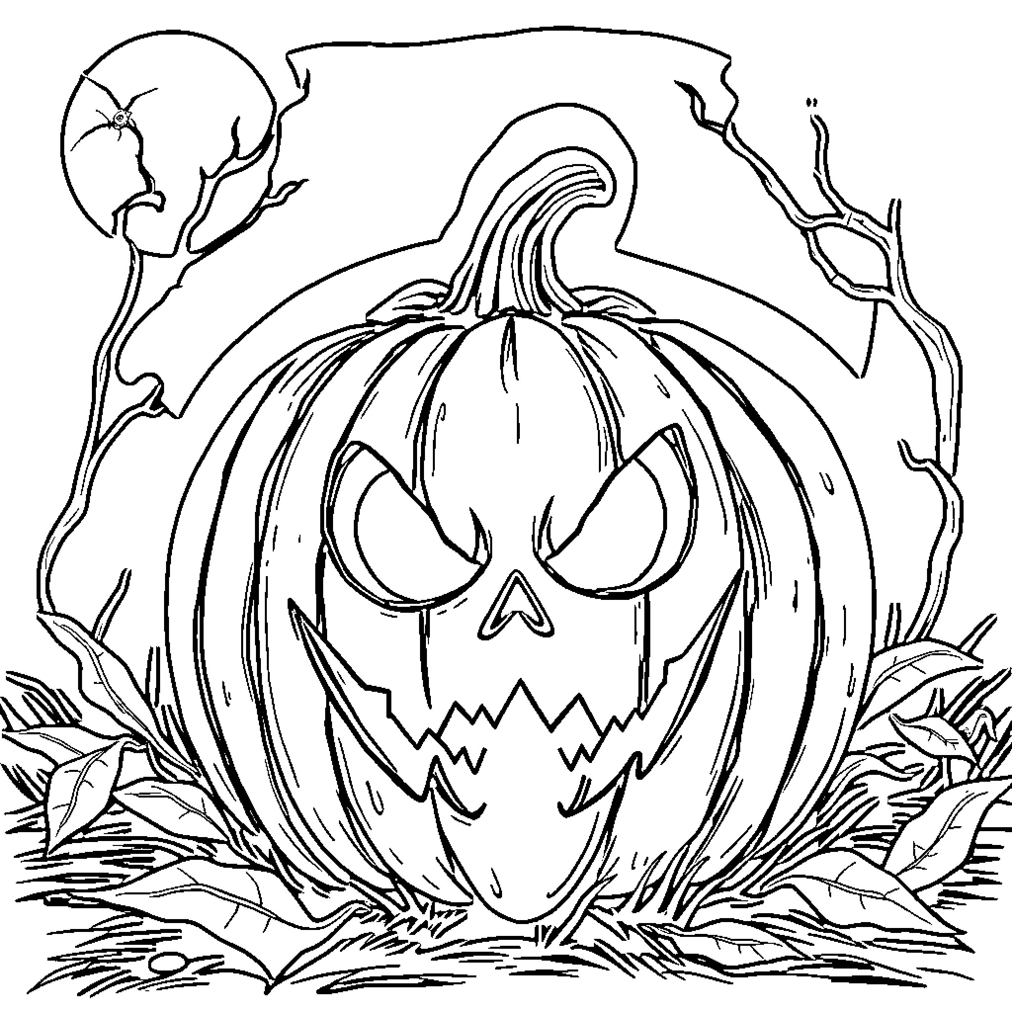 Pumpkin with spooky expression in autumn foliage Coloring Page (free black-and-white line drawing printable PDF for all, from beginners to advanced learners, including children, teens, adults, and seniors)