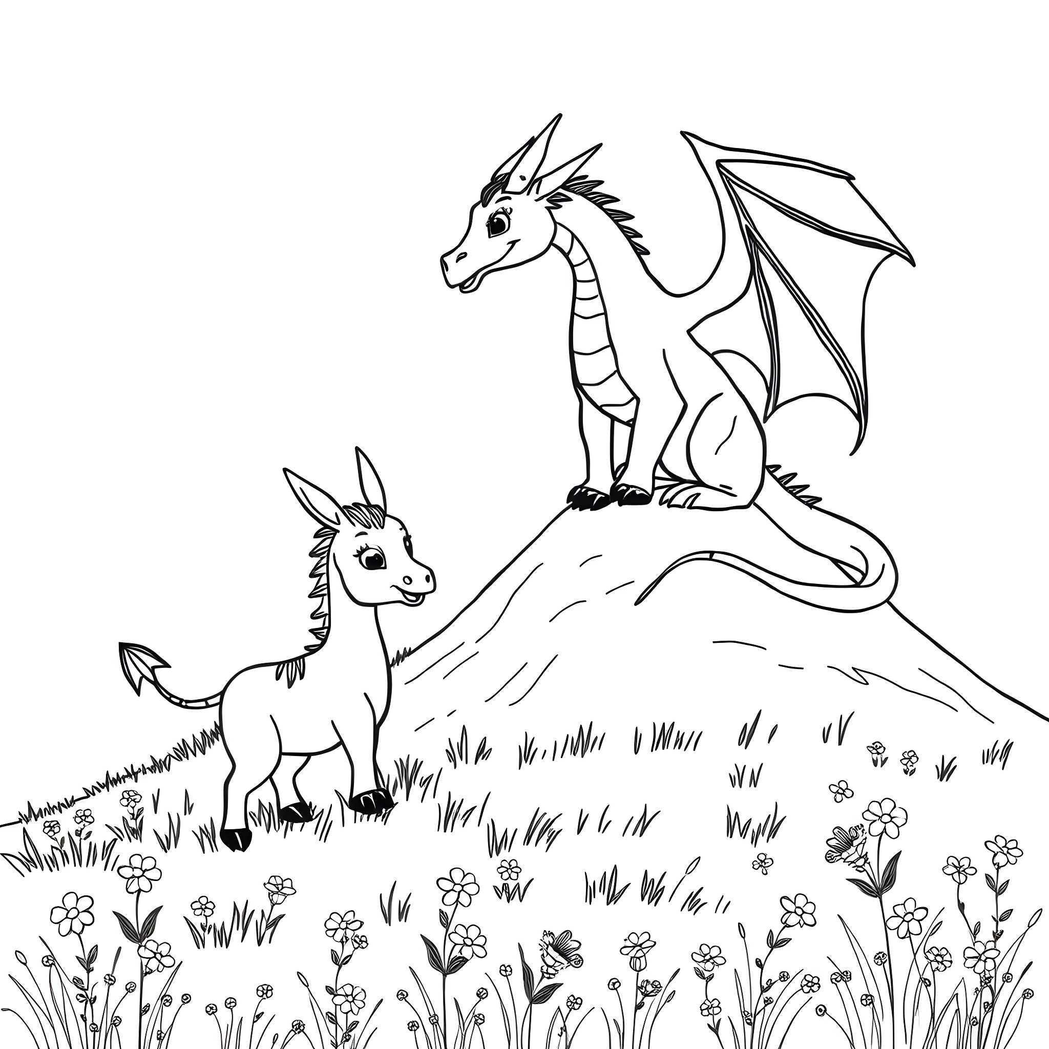Dragon siblings exploring the magical meadow Coloring Page (free black-and-white line drawing printable PDF for all, from beginners to advanced learners, including children, teens, adults, and seniors)