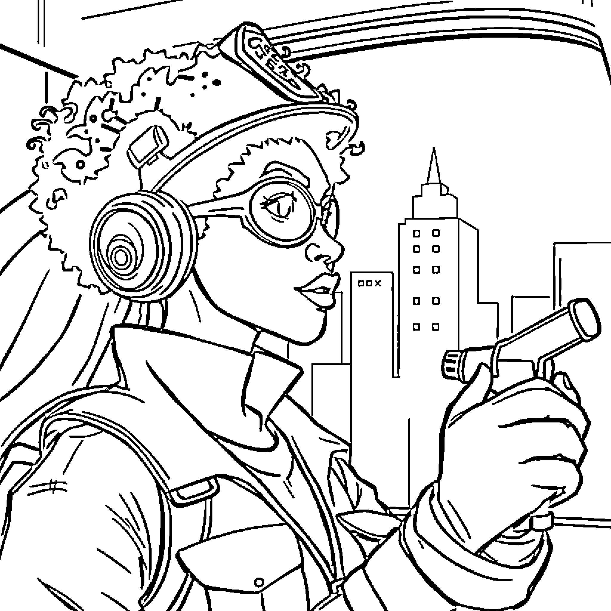 Superhero Journalist Capturing the City Skyline Coloring Page (free black-and-white line drawing printable PDF for all, from beginners to advanced learners, including children, teens, adults, and seniors)