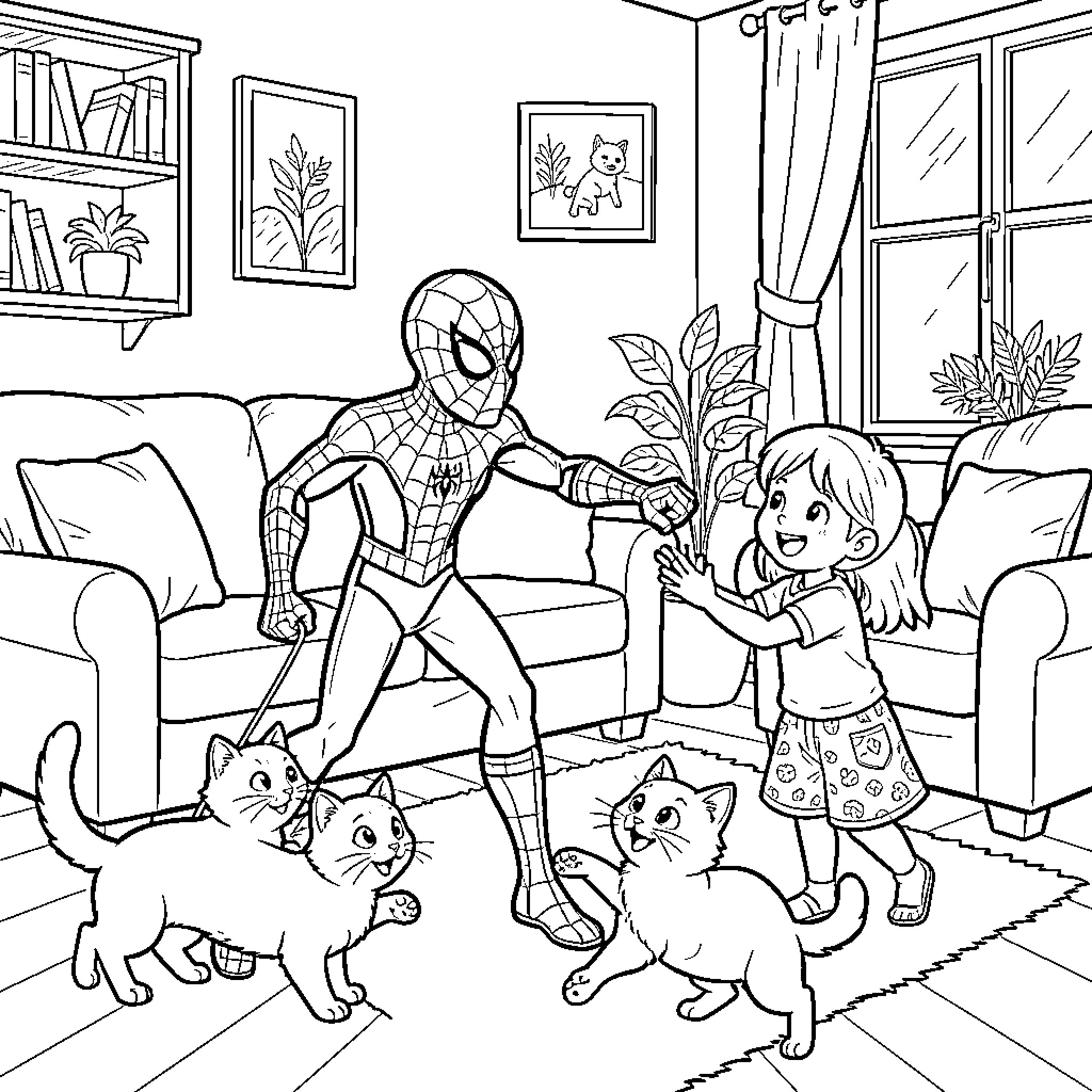 Spidey interacting playfully with a little girl and kittens Coloring Page (free black-and-white line drawing printable PDF for all, from beginners to advanced learners, including children, teens, adults, and seniors)