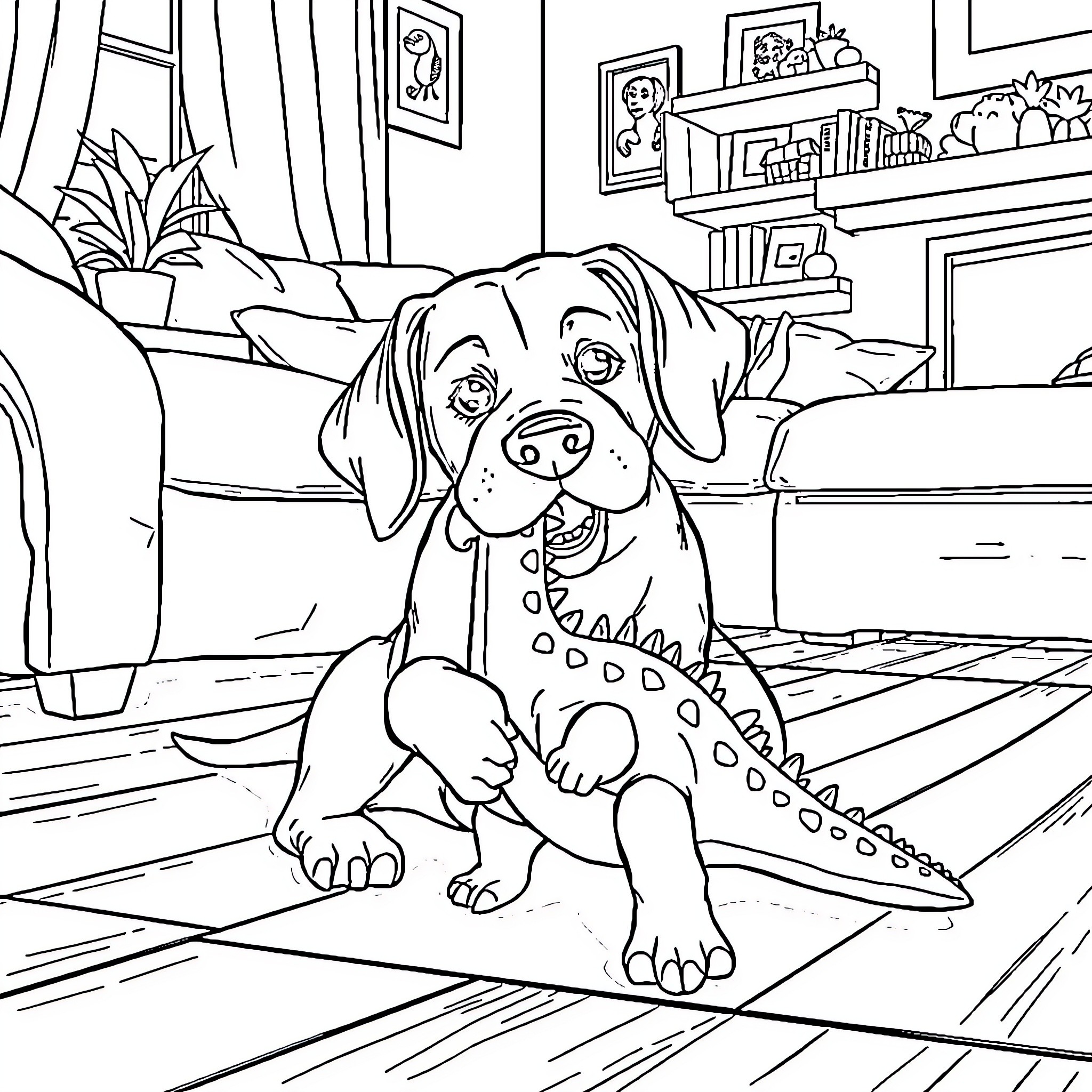 Beagle sitting attentively in a cozy home Coloring Page (free black-and-white line drawing printable PDF for all, from beginners to advanced learners, including children, teens, adults, and seniors)