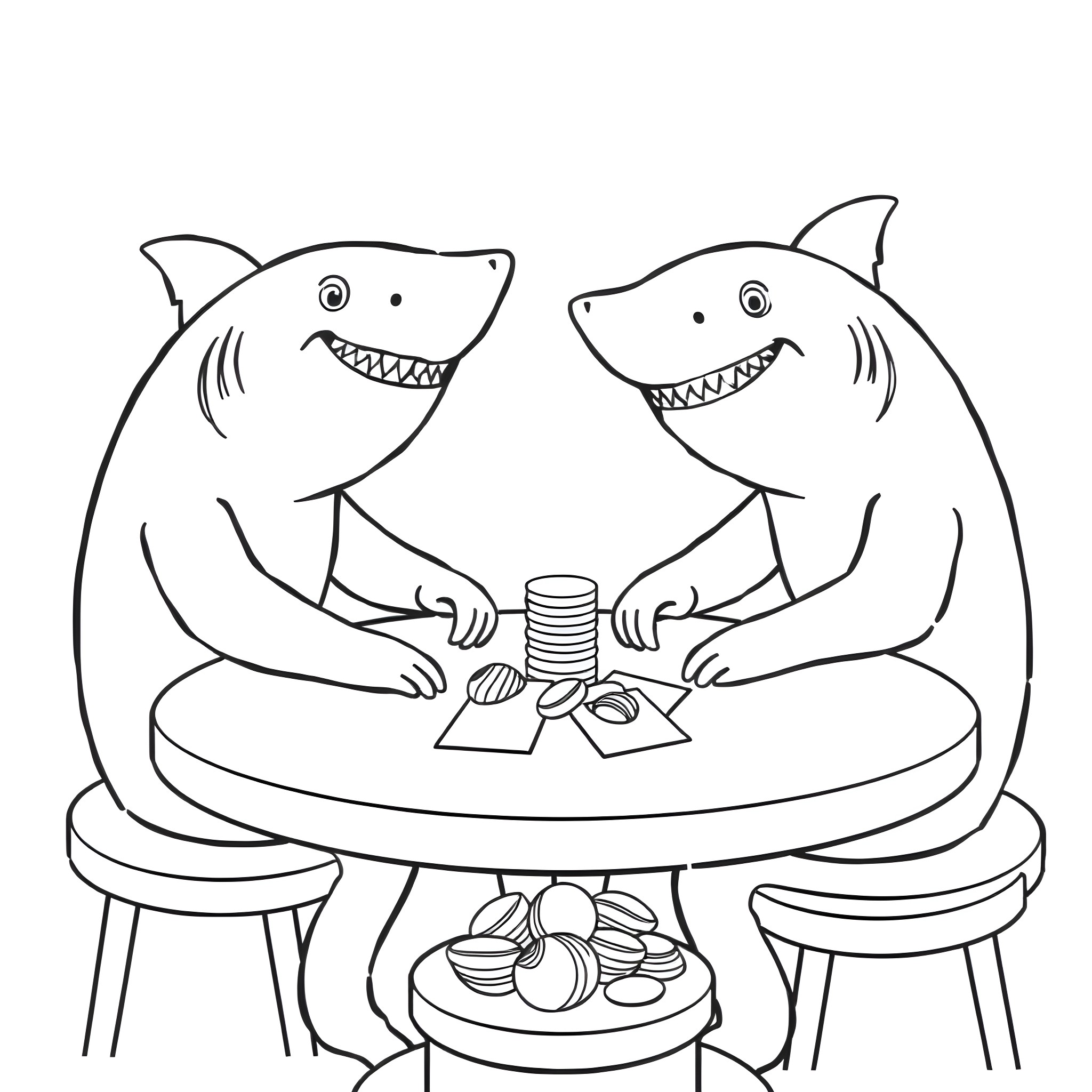 Sharks enjoying a game of cards together Coloring Page (free black-and-white line drawing printable PDF for all, from beginners to advanced learners, including children, teens, adults, and seniors)