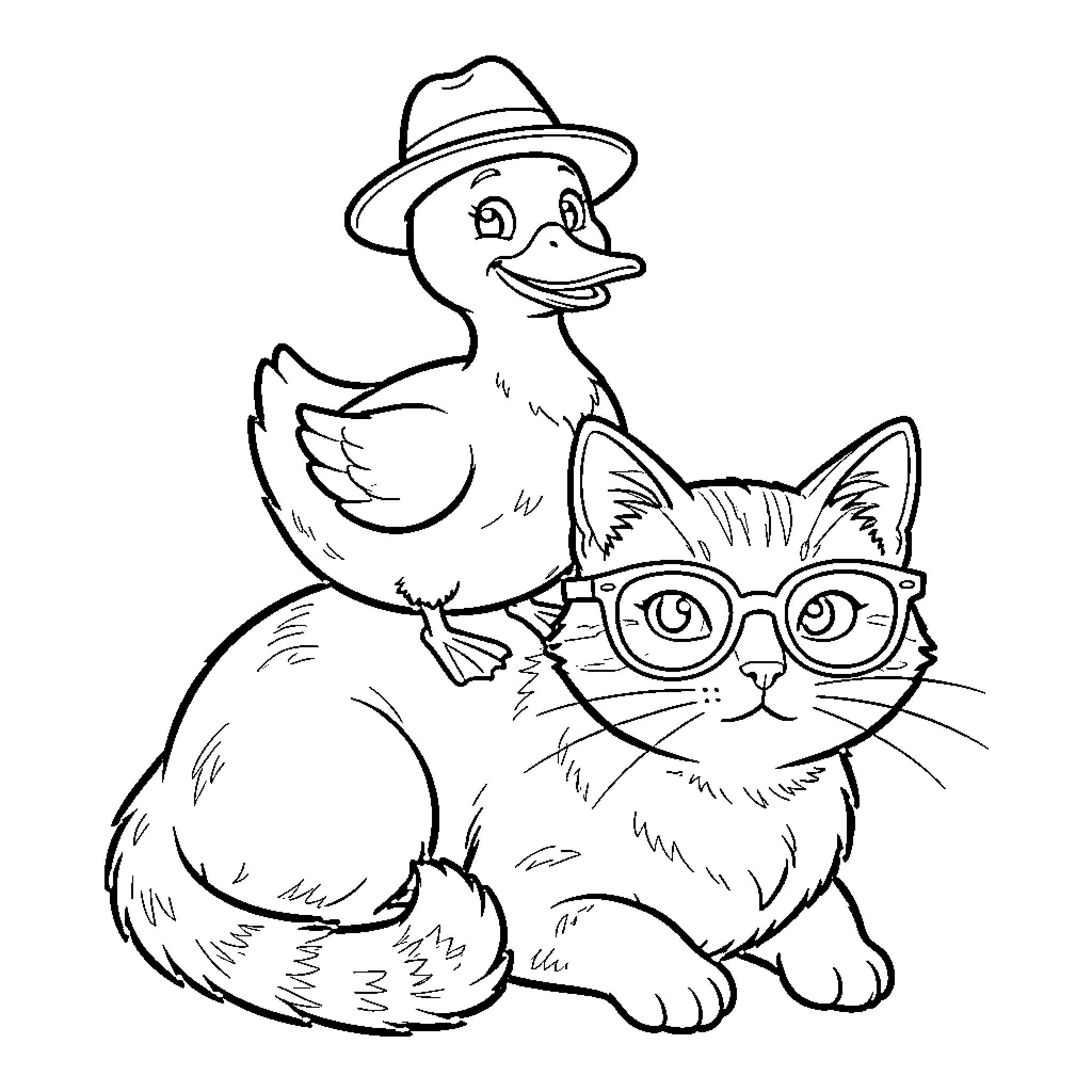 Pato and the Curious Cat Coloring Page (free black-and-white line drawing printable PDF for all, from beginners to advanced learners, including children, teens, adults, and seniors)