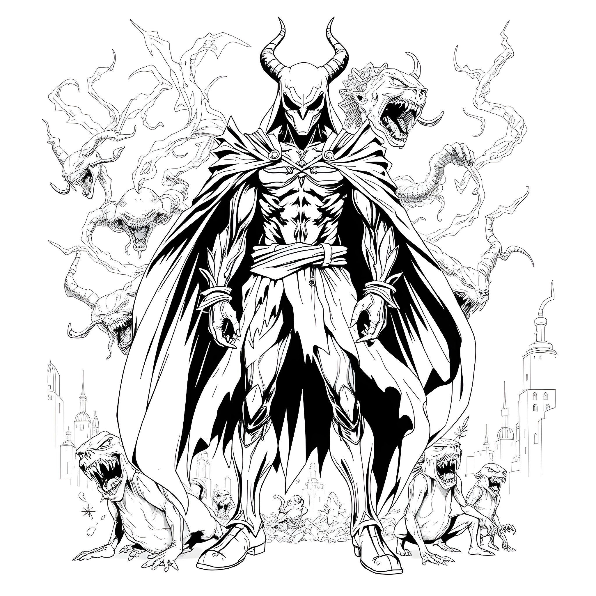 Spawn emerging from the underworld with demonic minions Coloring Page (free black-and-white line drawing printable PDF for all, from beginners to advanced learners, including children, teens, adults, and seniors)