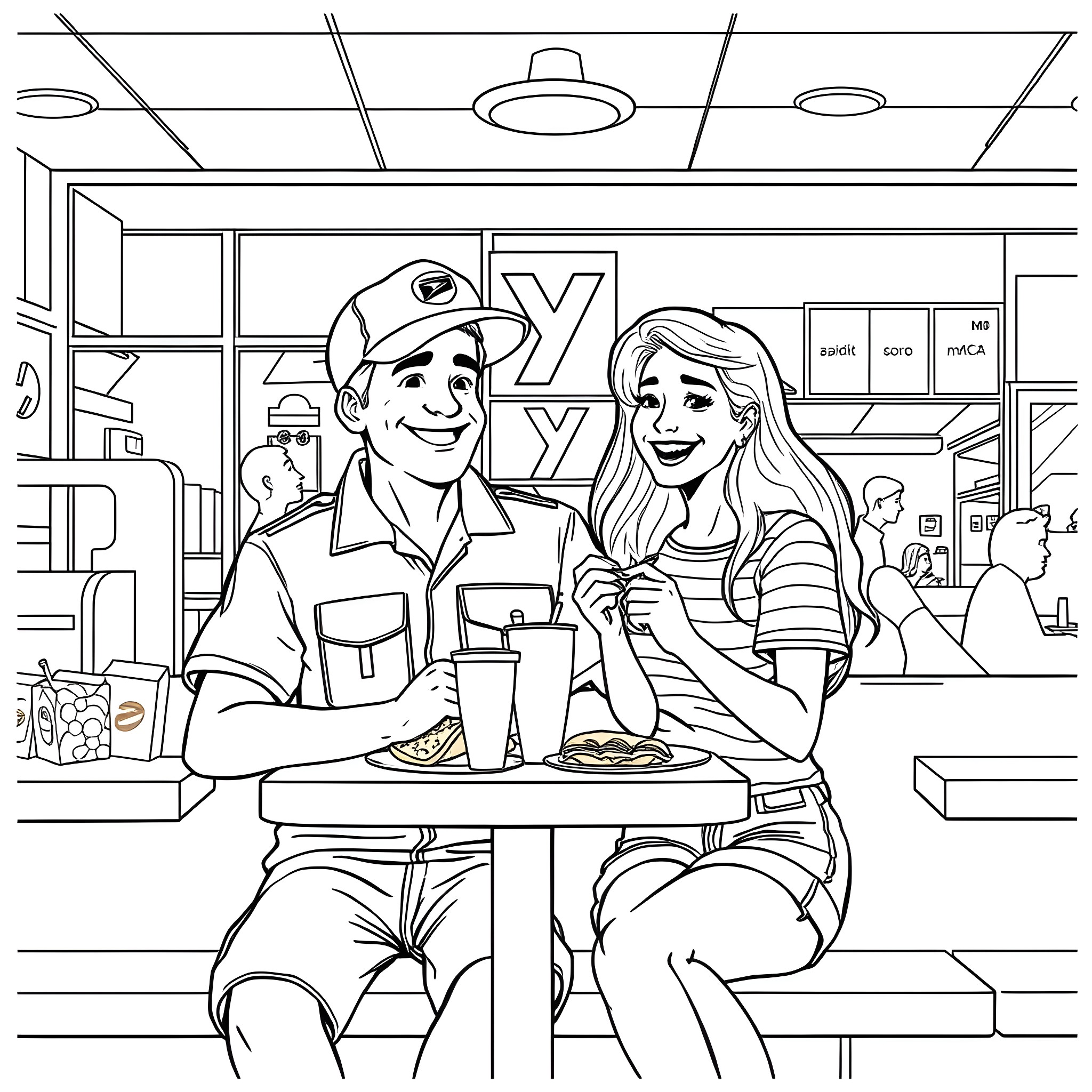 Couple sharing a meal at a diner Coloring Page (free black-and-white line drawing printable PDF for all, from beginners to advanced learners, including children, teens, adults, and seniors)