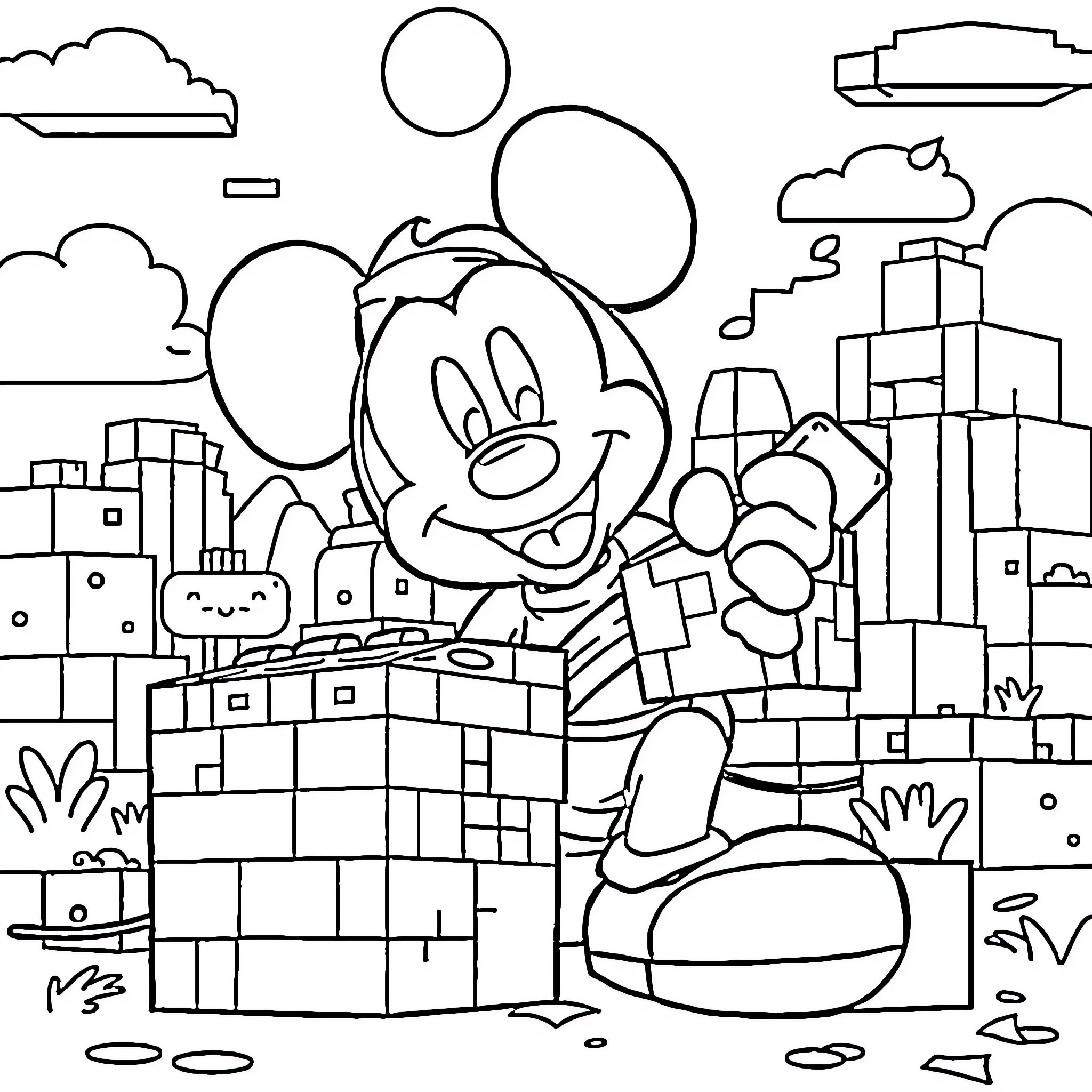 Mickey exploring the city with balloons Coloring Page (free black-and-white line drawing printable PDF for all, from beginners to advanced learners, including children, teens, adults, and seniors)