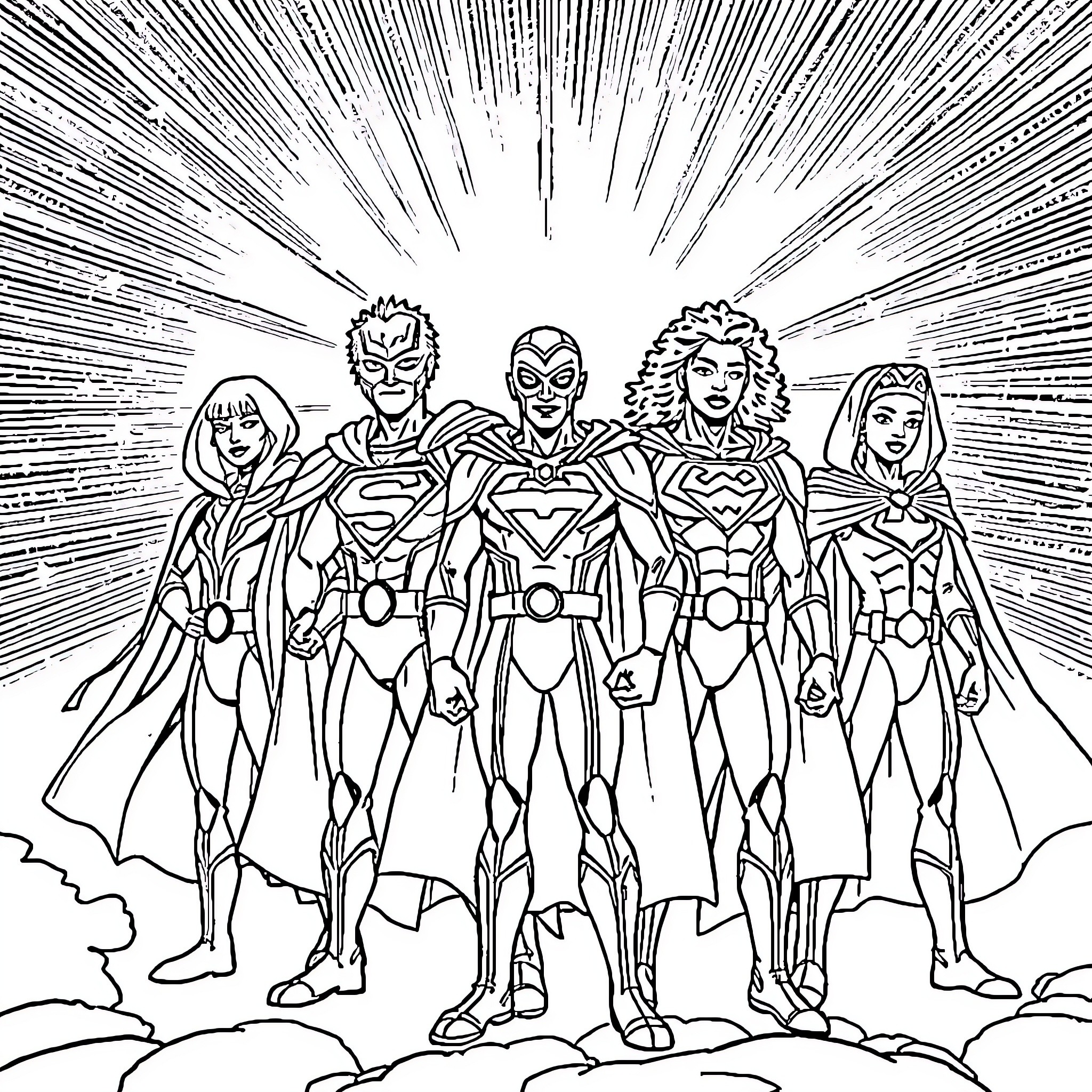 African Superhero Team in Action Pose Coloring Page (free black-and-white line drawing printable PDF for all, from beginners to advanced learners, including children, teens, adults, and seniors)