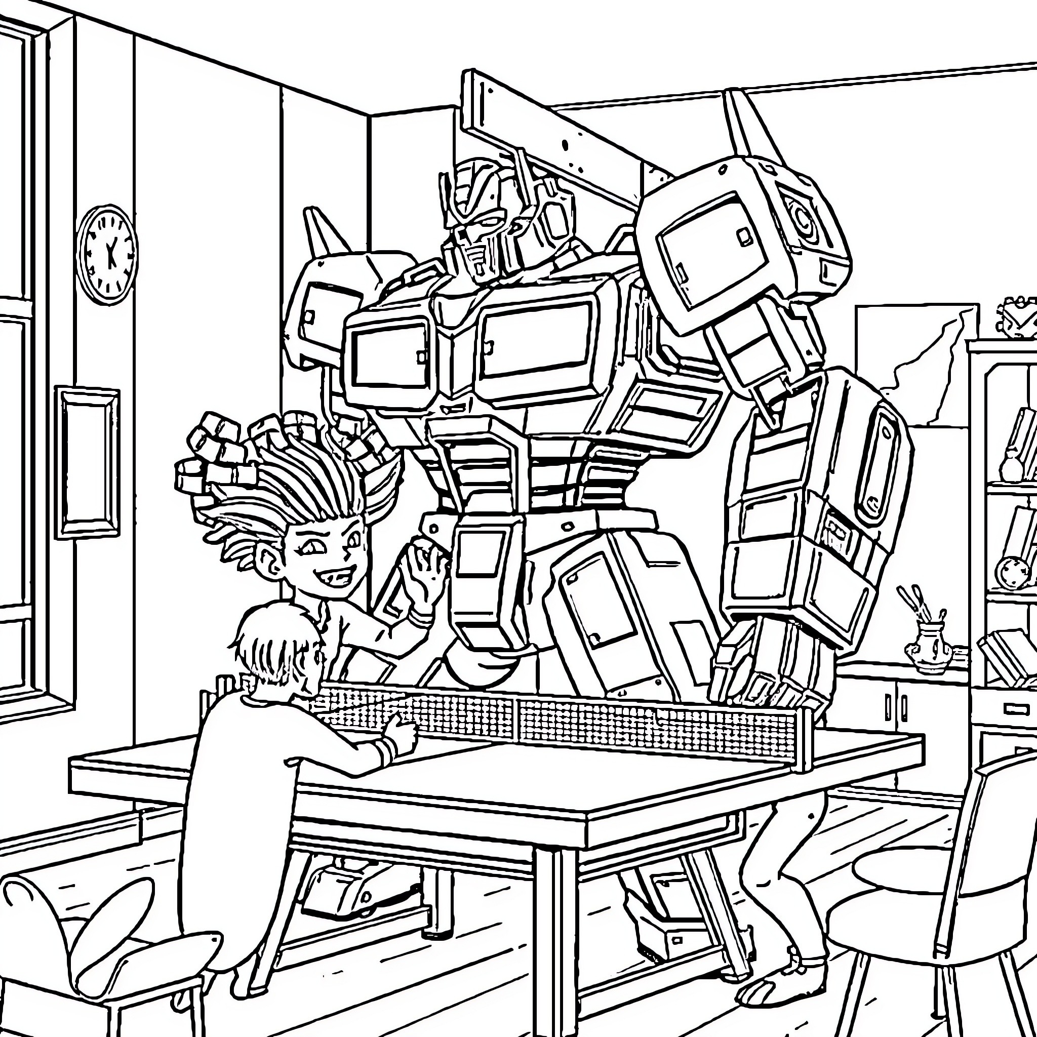 Transformer toy in a child's bedroom Coloring Page (free black-and-white line drawing printable PDF for all, from beginners to advanced learners, including children, teens, adults, and seniors)