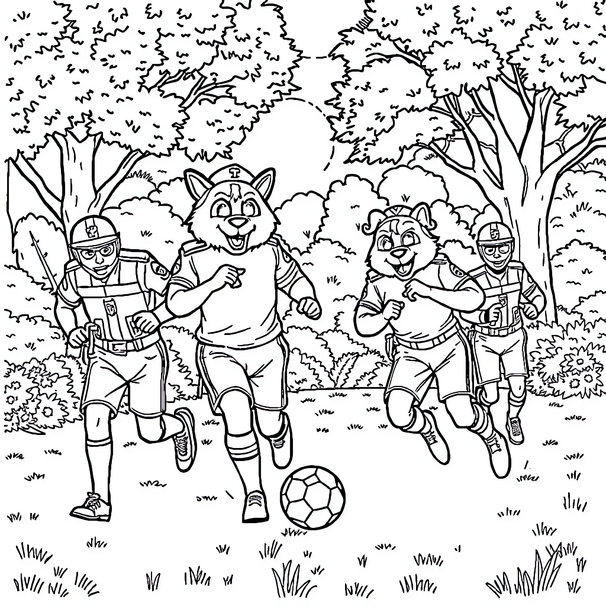 Paw Patrol characters playing soccer in the forest Coloring Page (free black-and-white line drawing printable PDF for all, from beginners to advanced learners, including children, teens, adults, and seniors)