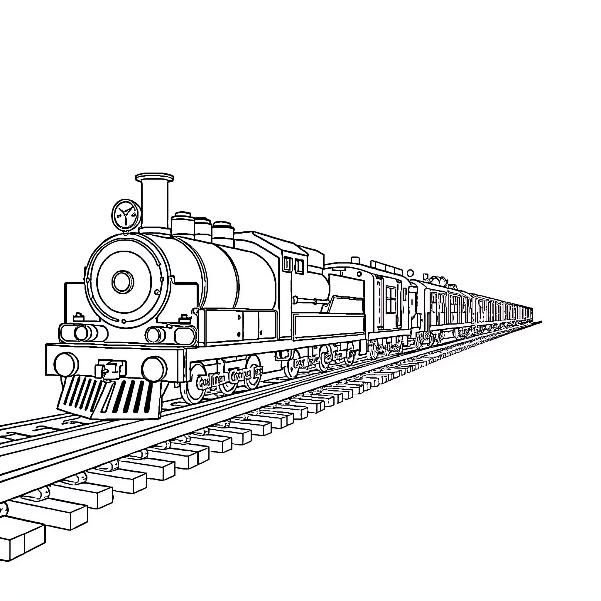 Train carrying cargo along railway tracks Coloring Page (free black-and-white line drawing printable PDF for all, from beginners to advanced learners, including children, teens, adults, and seniors)