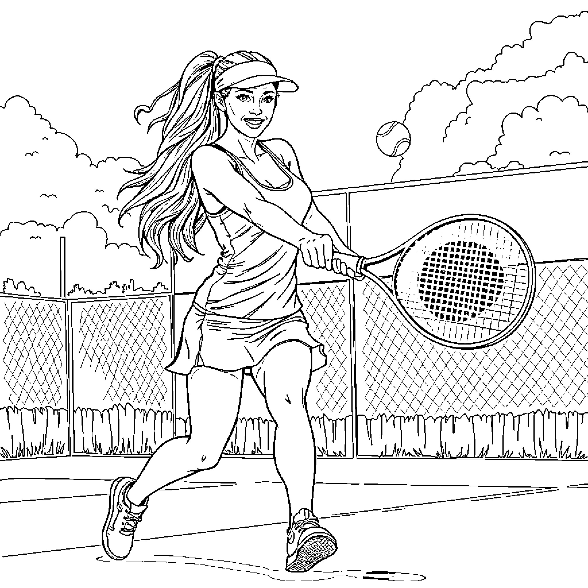 Brandi Love playing tennis on the court Coloring Page (free black-and-white line drawing printable PDF for all, from beginners to advanced learners, including children, teens, adults, and seniors)