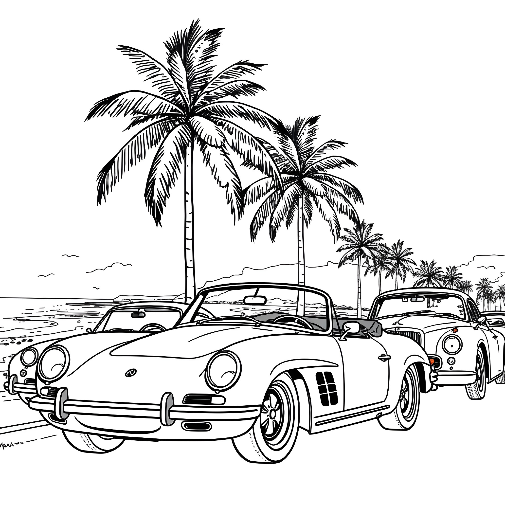 Vesicle cars and palms on the beach Coloring Page (free black-and-white line drawing printable PDF for all, from beginners to advanced learners, including children, teens, adults, and seniors)