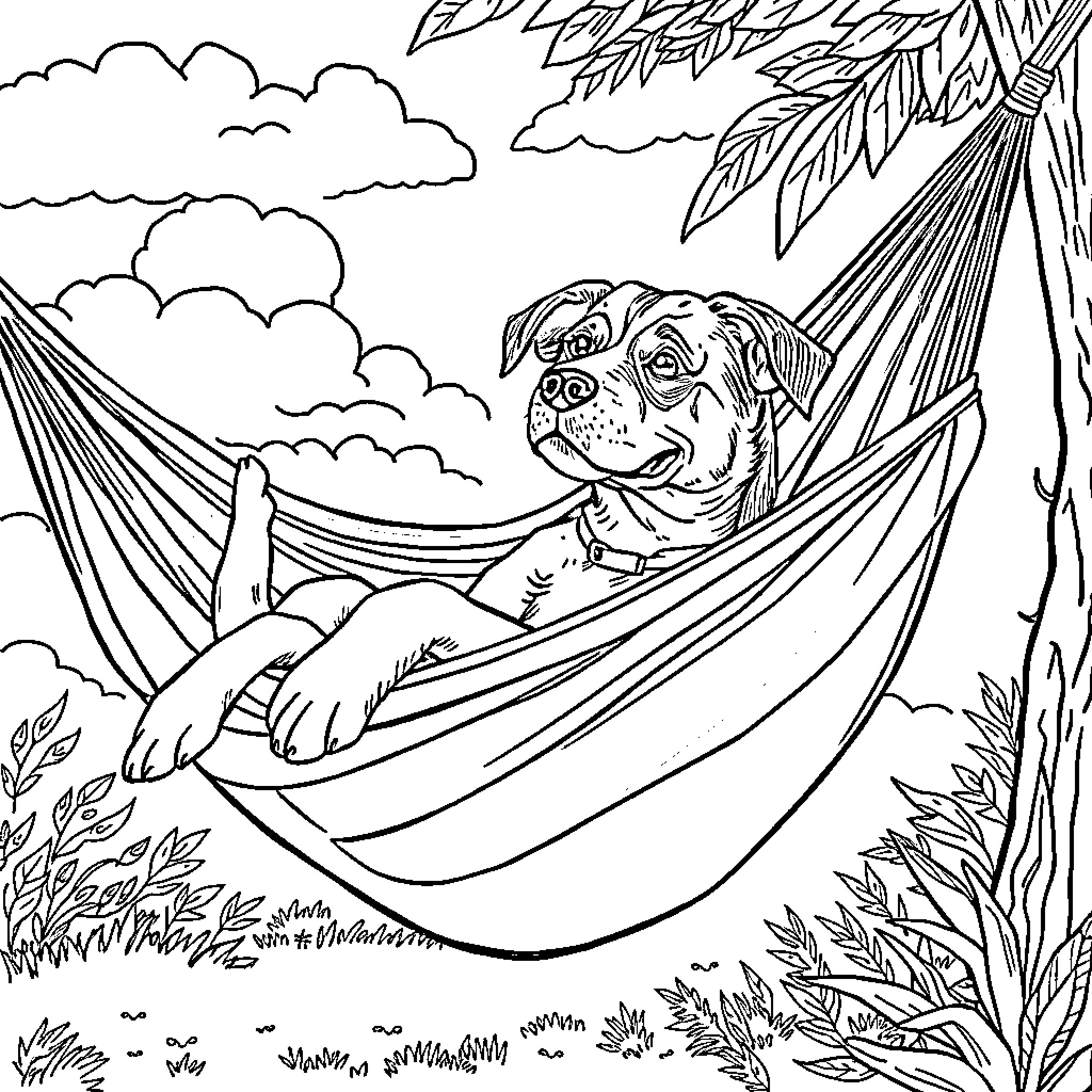 Dog relaxing in a hammock under the palm trees Coloring Page (free black-and-white line drawing printable PDF for all, from beginners to advanced learners, including children, teens, adults, and seniors)