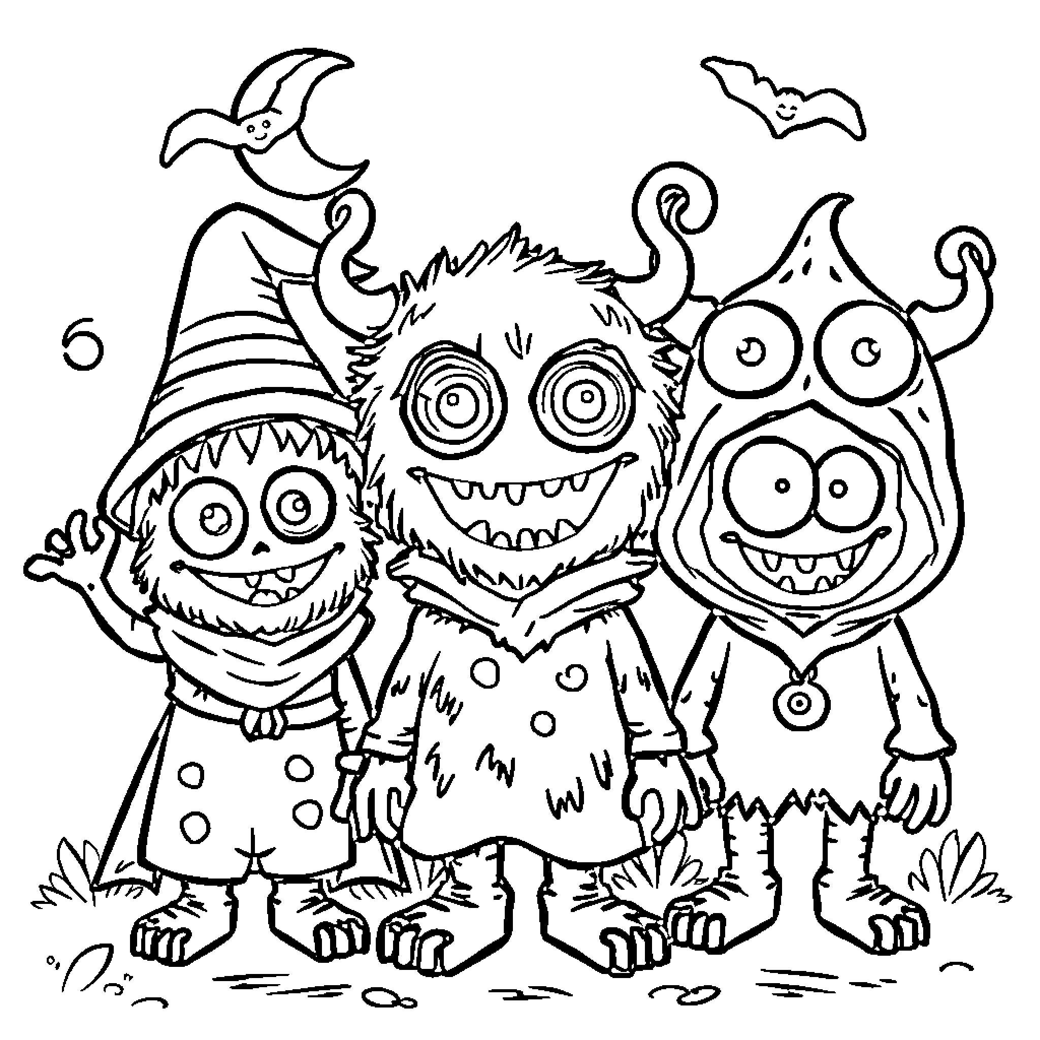 Halloween Monster Trio Wearing Costumes and Accessories Coloring Page (free black-and-white line drawing printable PDF for all, from beginners to advanced learners, including children, teens, adults, and seniors)
