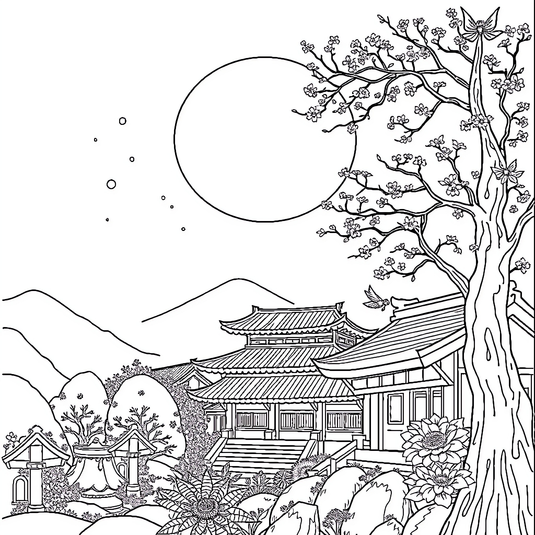 Chinese Architecture: Serene Pagoda, Blossoms, and Moonlight Coloring Page (free black-and-white line drawing printable PDF for all, from beginners to advanced learners, including children, teens, adults, and seniors)