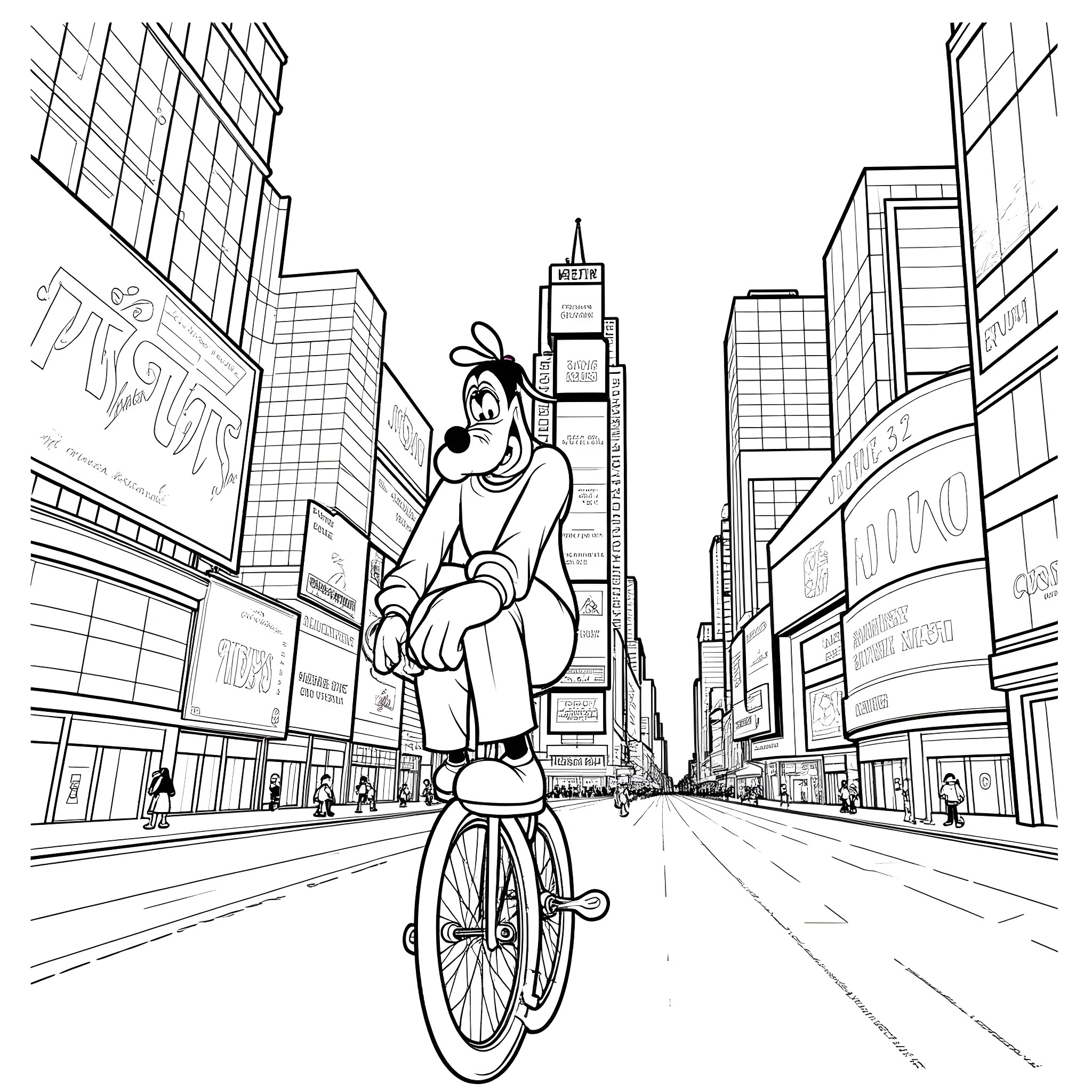 Goofy character riding a bicycle in a city setting Coloring Page (free black-and-white line drawing printable PDF for all, from beginners to advanced learners, including children, teens, adults, and seniors)