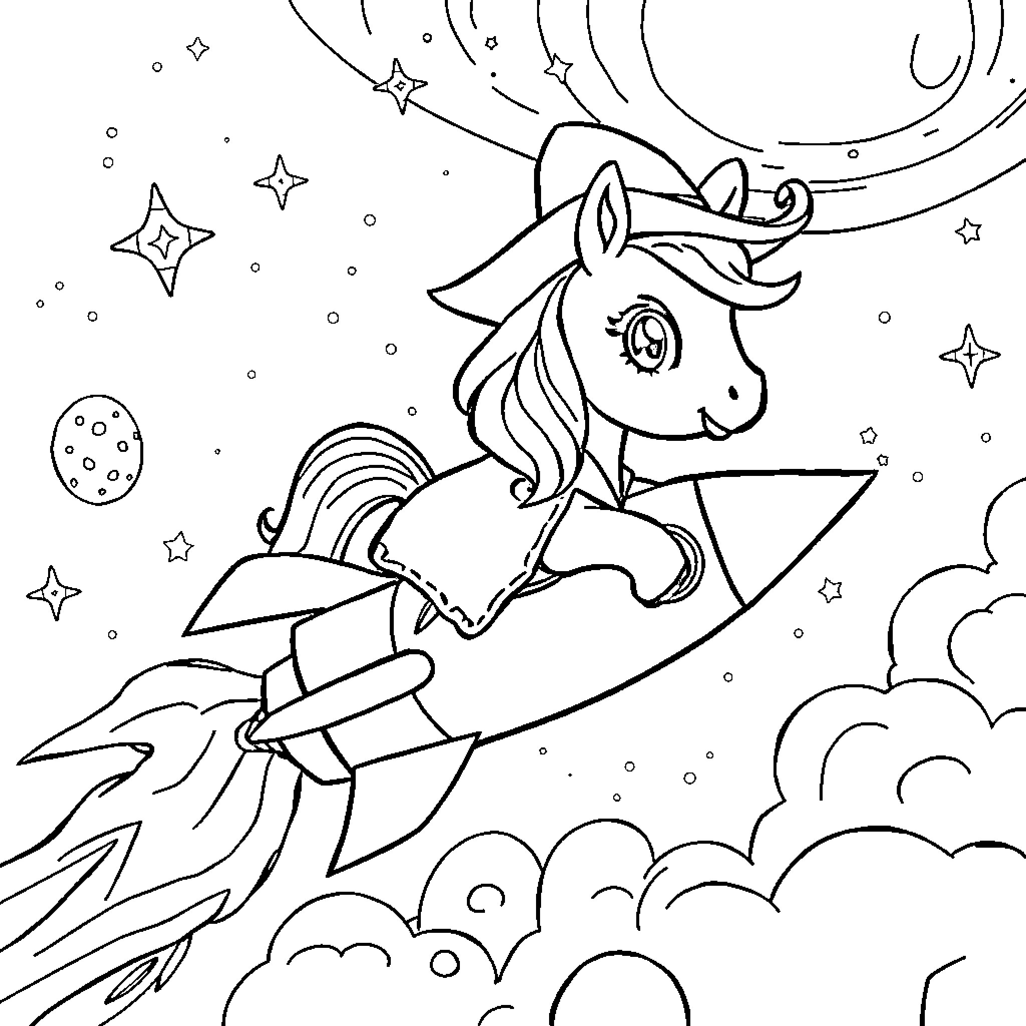 Pony riding a rocket through a starry sky Coloring Page (free black-and-white line drawing printable PDF for all, from beginners to advanced learners, including children, teens, adults, and seniors)