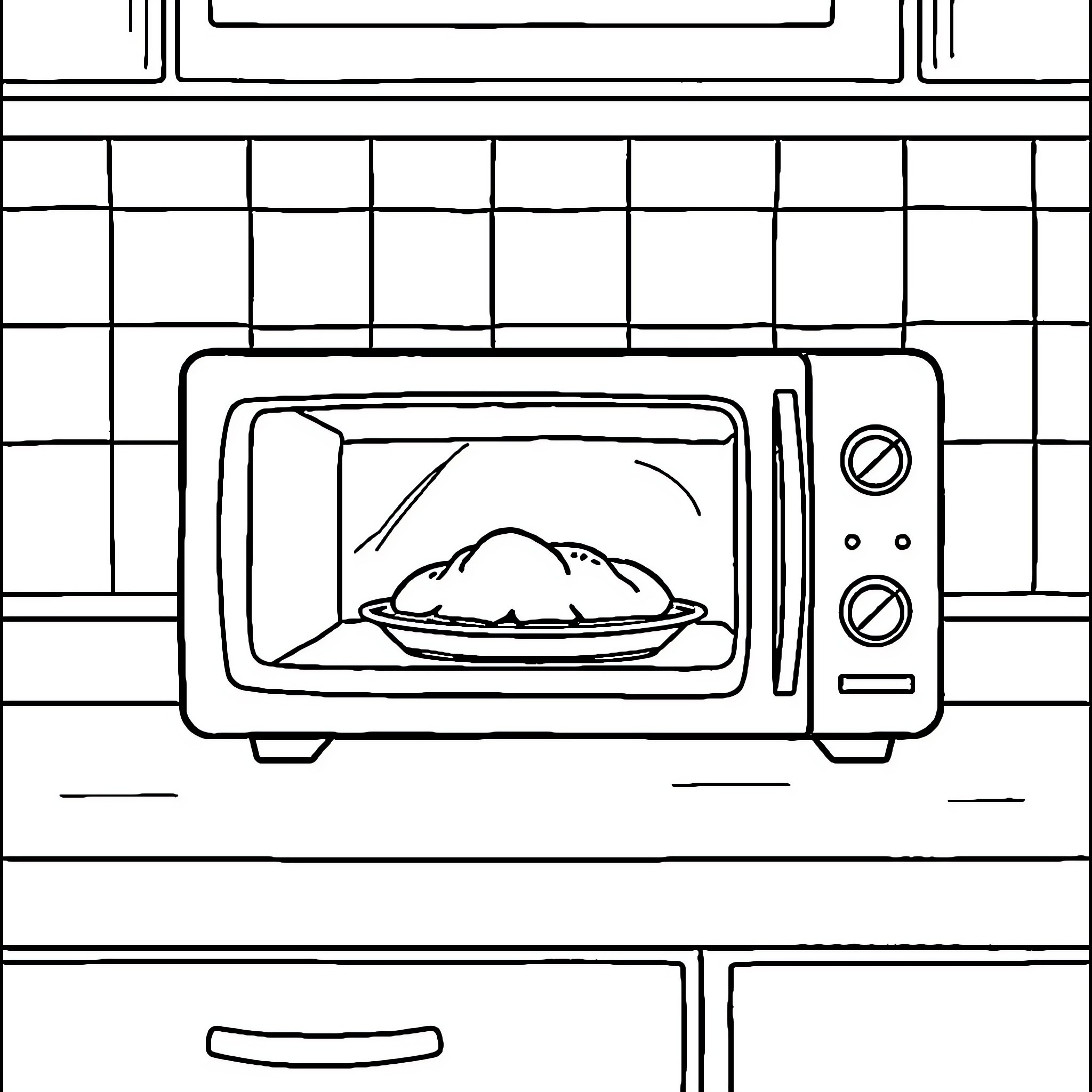 Microwave preparing a dish in the kitchen Coloring Page (free black-and-white line drawing printable PDF for all, from beginners to advanced learners, including children, teens, adults, and seniors)