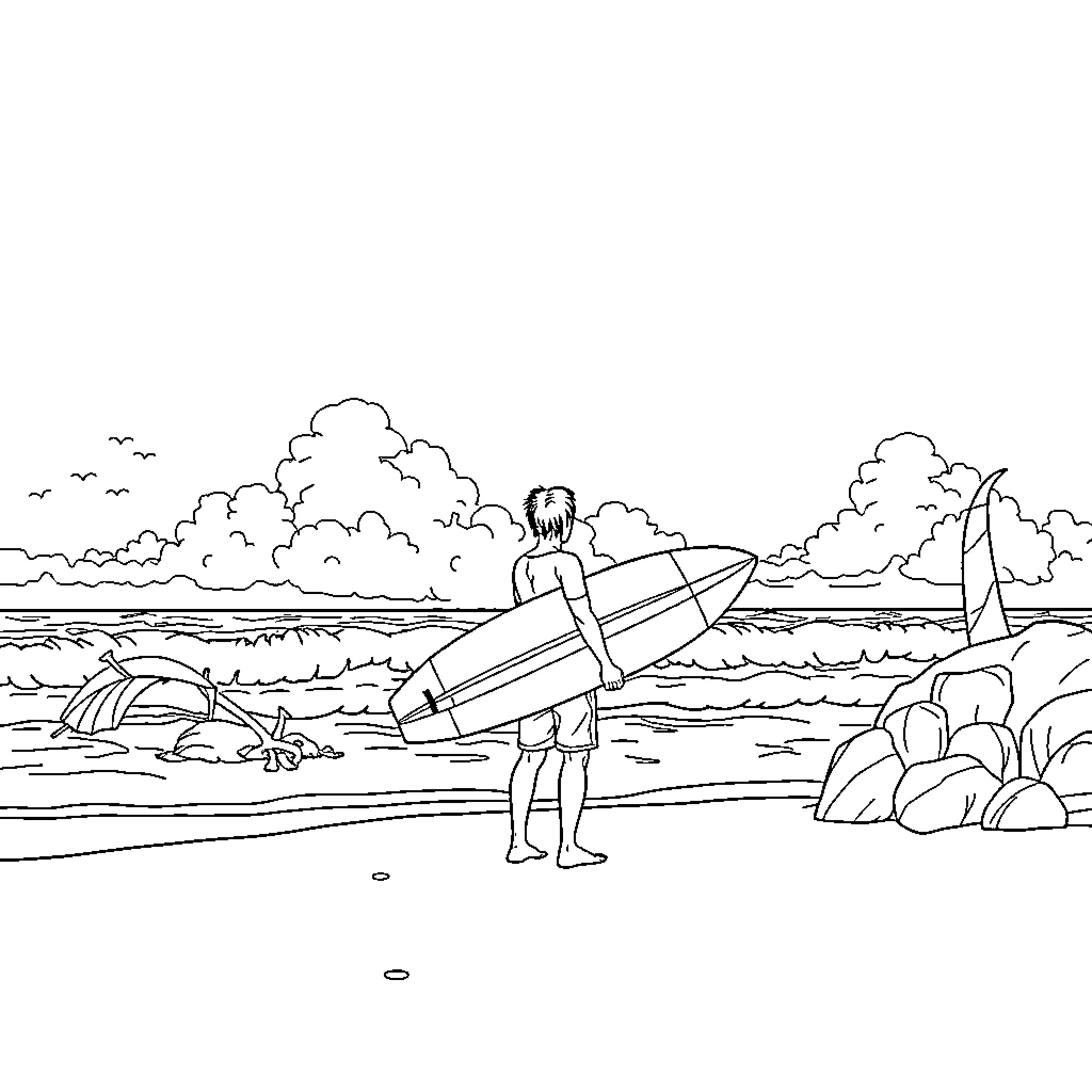 Surfer ready to ride the waves on the beach Coloring Page (free black-and-white line drawing printable PDF for all, from beginners to advanced learners, including children, teens, adults, and seniors)