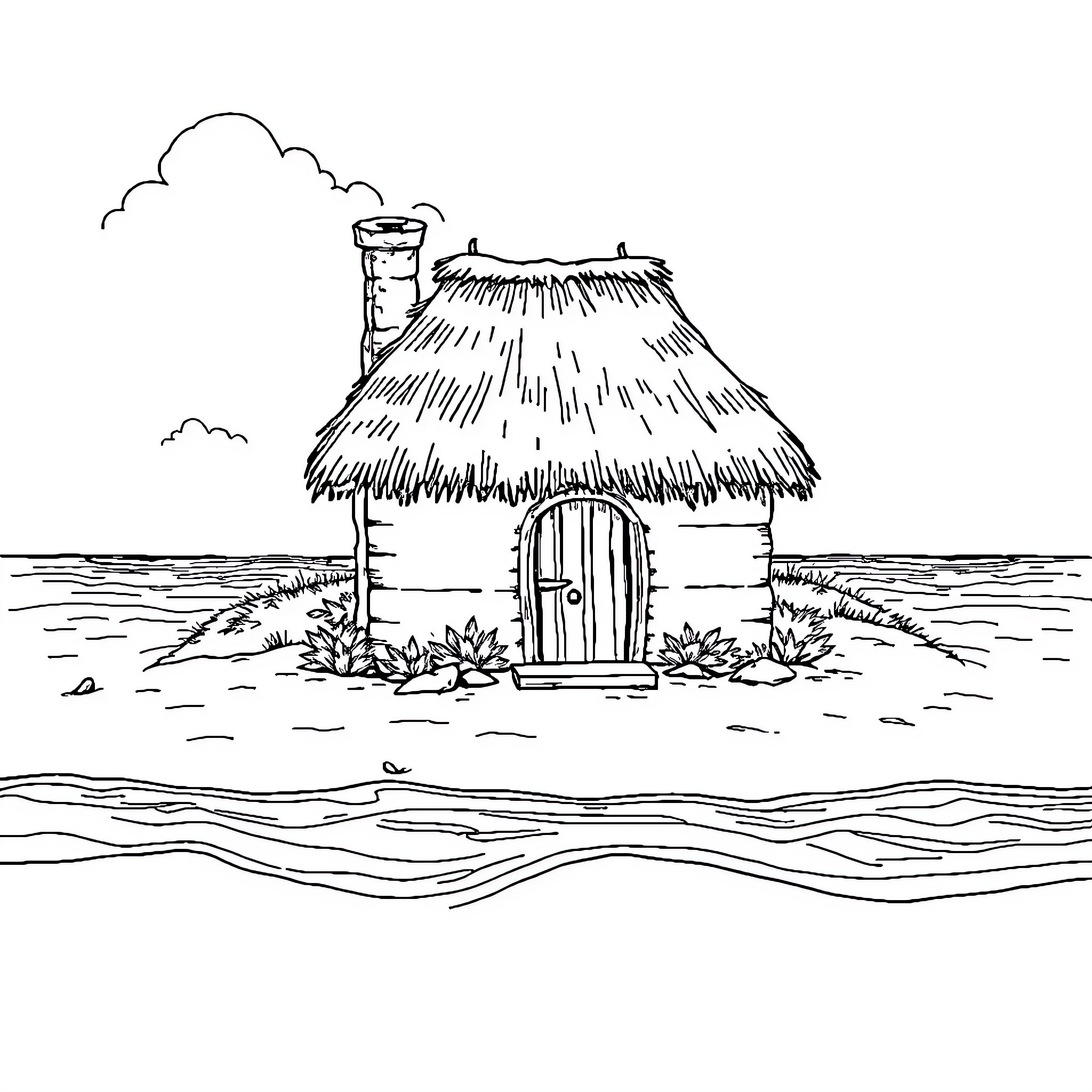 Cottage by the Tranquil Lakeside Coloring Page (free black-and-white line drawing printable PDF for all, from beginners to advanced learners, including children, teens, adults, and seniors)