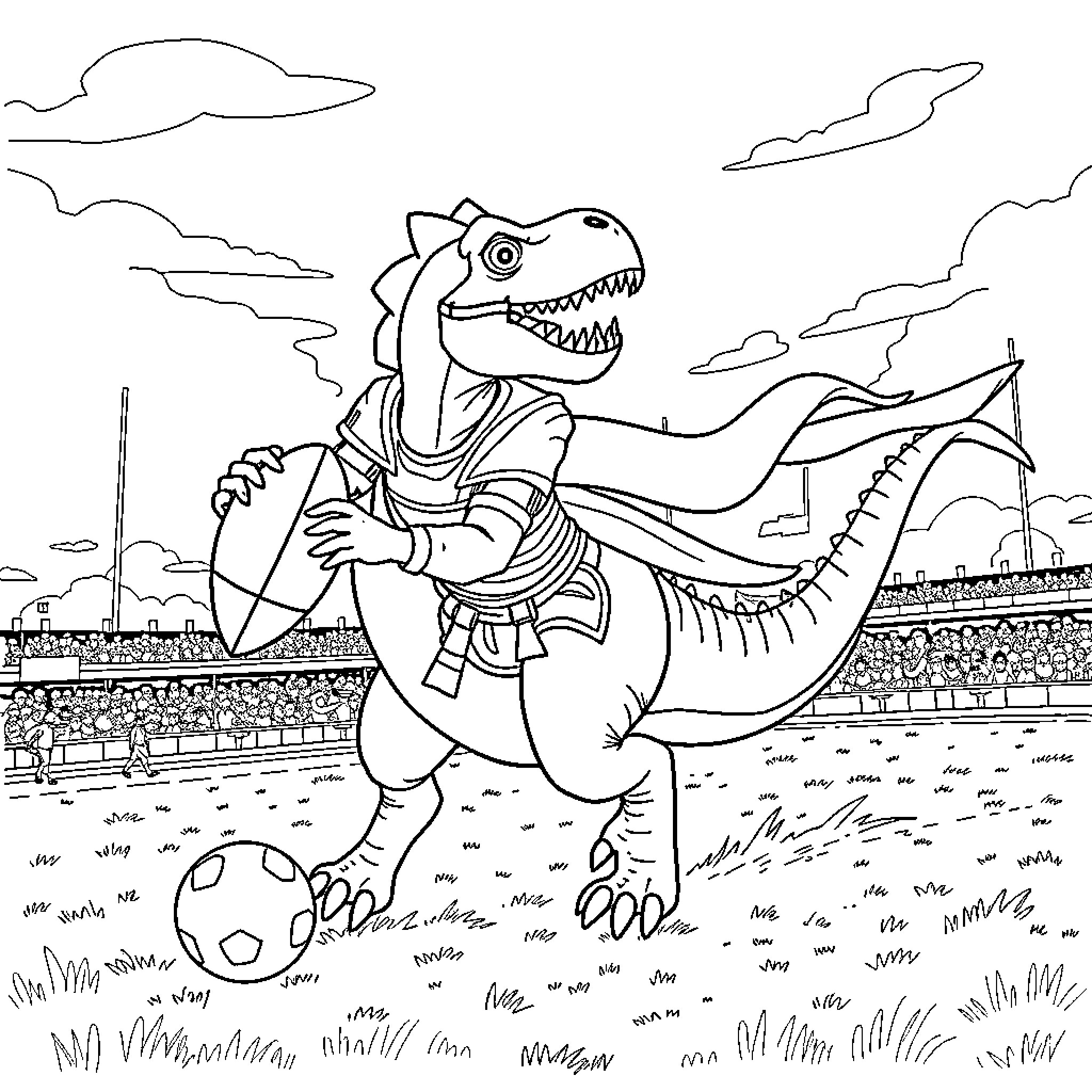Dinosaur soccer player on the field Coloring Page (free black-and-white line drawing printable PDF for all, from beginners to advanced learners, including children, teens, adults, and seniors)