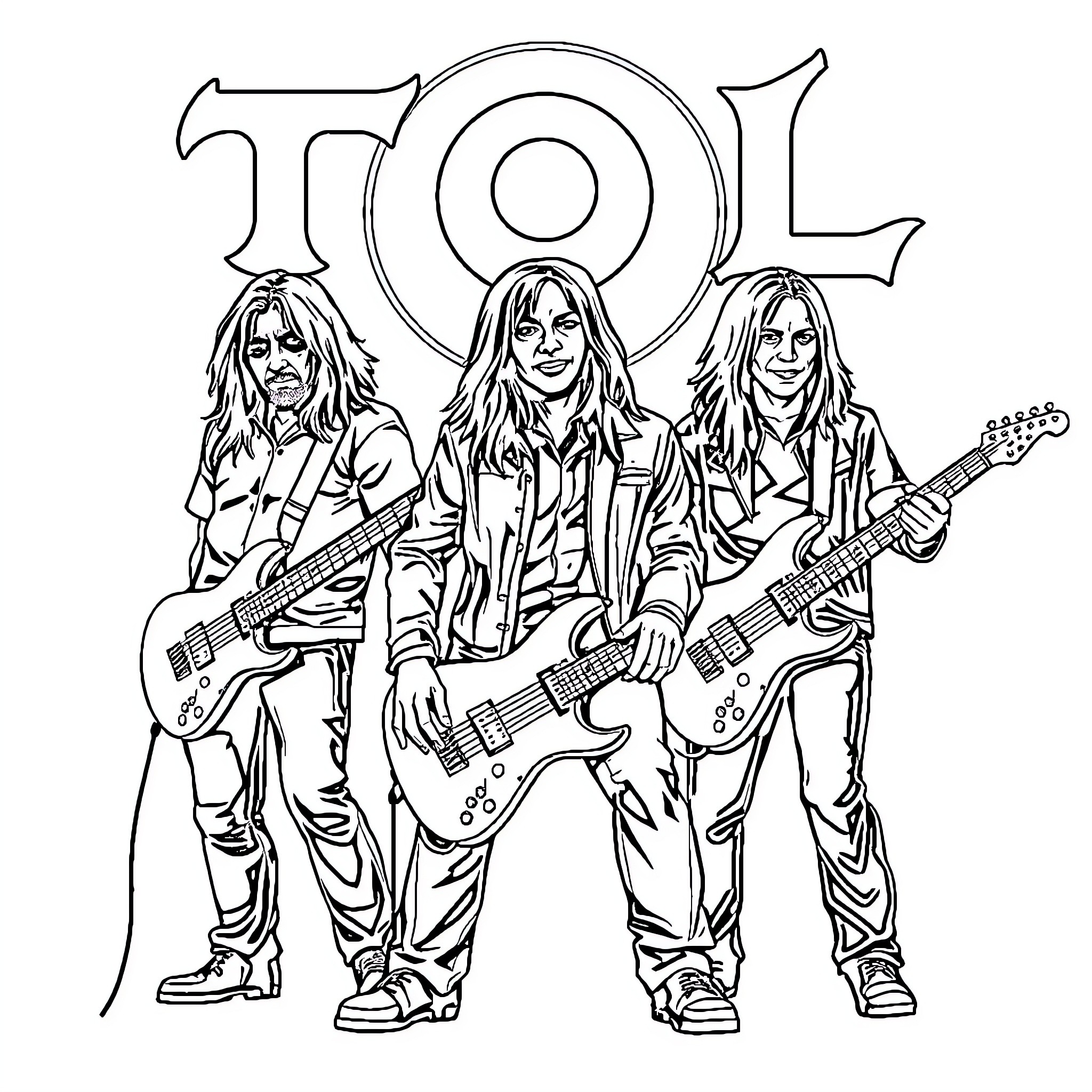 Tool band performing on stage Coloring Page (free black-and-white line drawing printable PDF for all, from beginners to advanced learners, including children, teens, adults, and seniors)