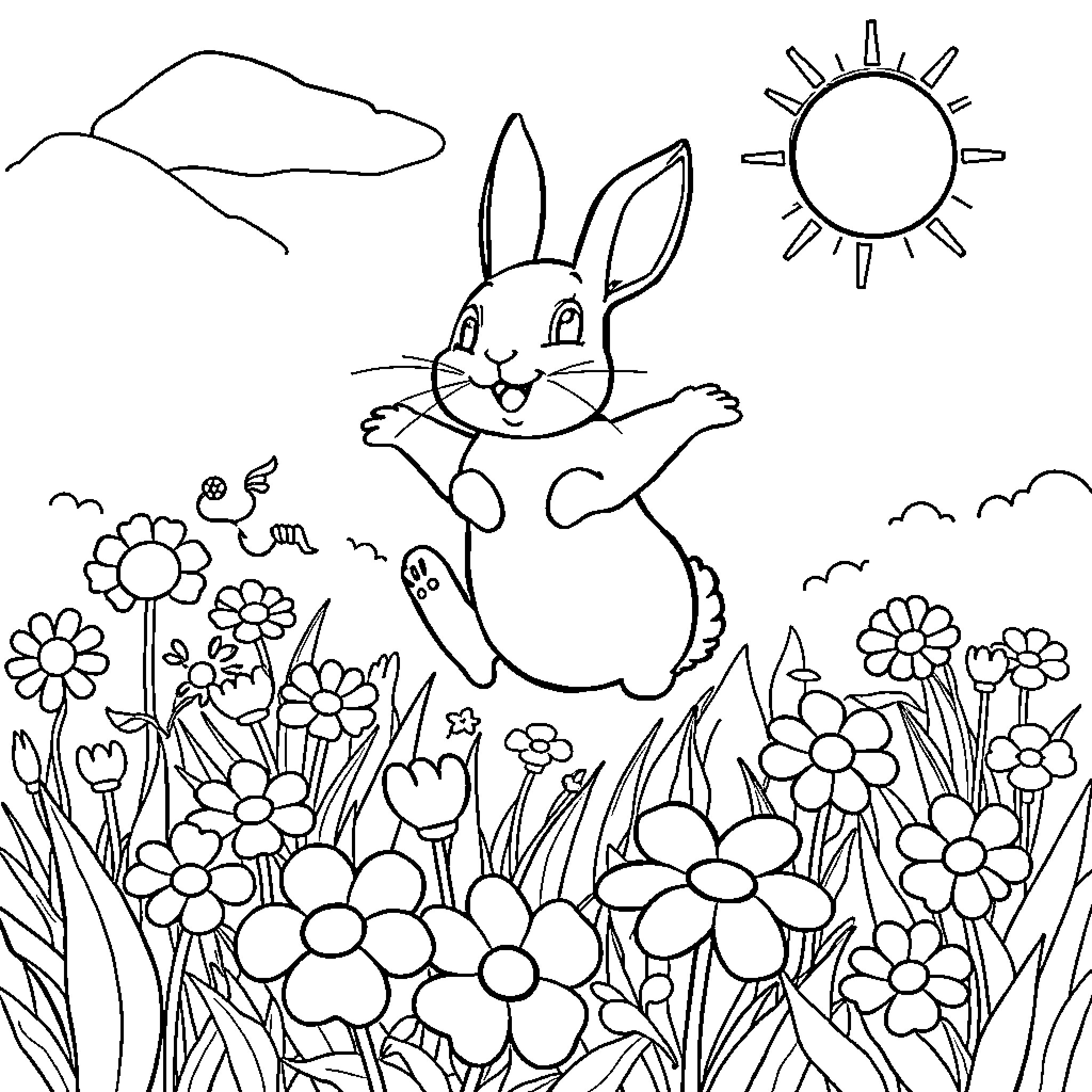 Rabbit jumping in a flowery meadow Coloring Page (free black-and-white line drawing printable PDF for all, from beginners to advanced learners, including children, teens, adults, and seniors)