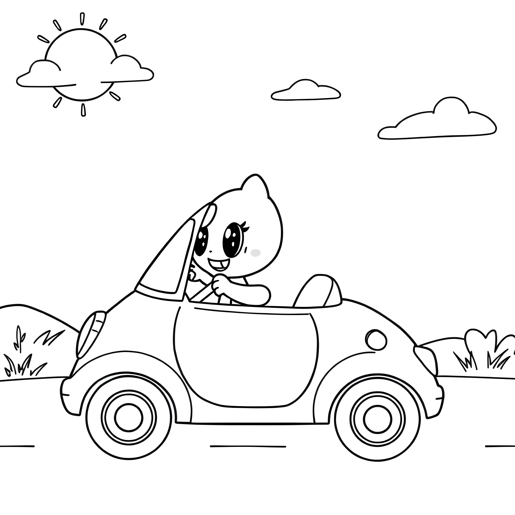 Igglepiggle driving a toy car happily Coloring Page (free black-and-white line drawing printable PDF for all, from beginners to advanced learners, including children, teens, adults, and seniors)