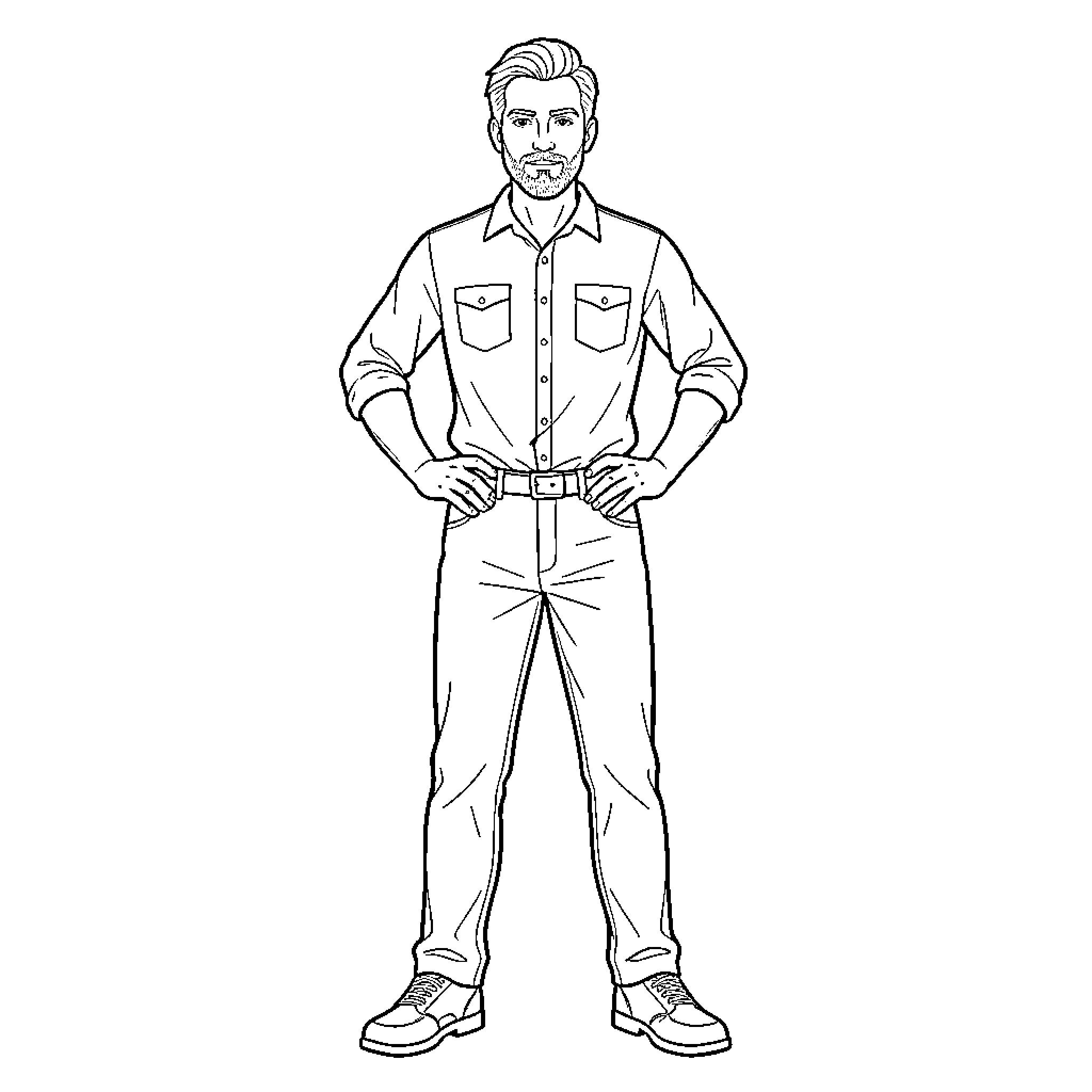 Adult man standing confidently in casual attire Coloring Page (free black-and-white line drawing printable PDF for all, from beginners to advanced learners, including children, teens, adults, and seniors)