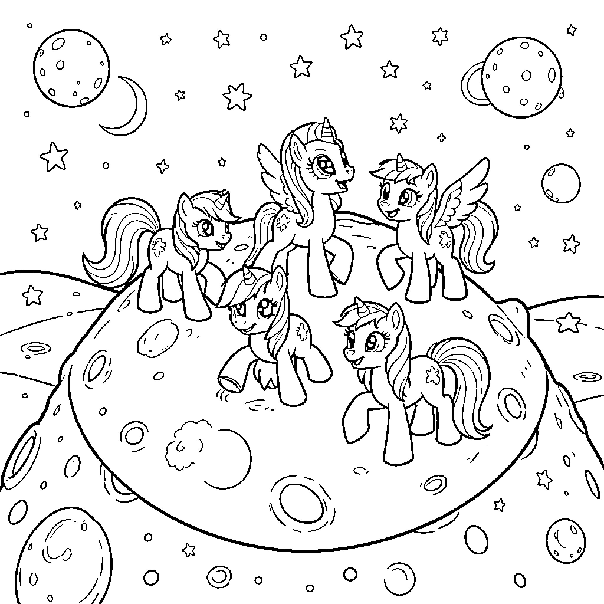Pony friends celebrating together on a moon surface Coloring Page (free black-and-white line drawing printable PDF for all, from beginners to advanced learners, including children, teens, adults, and seniors)