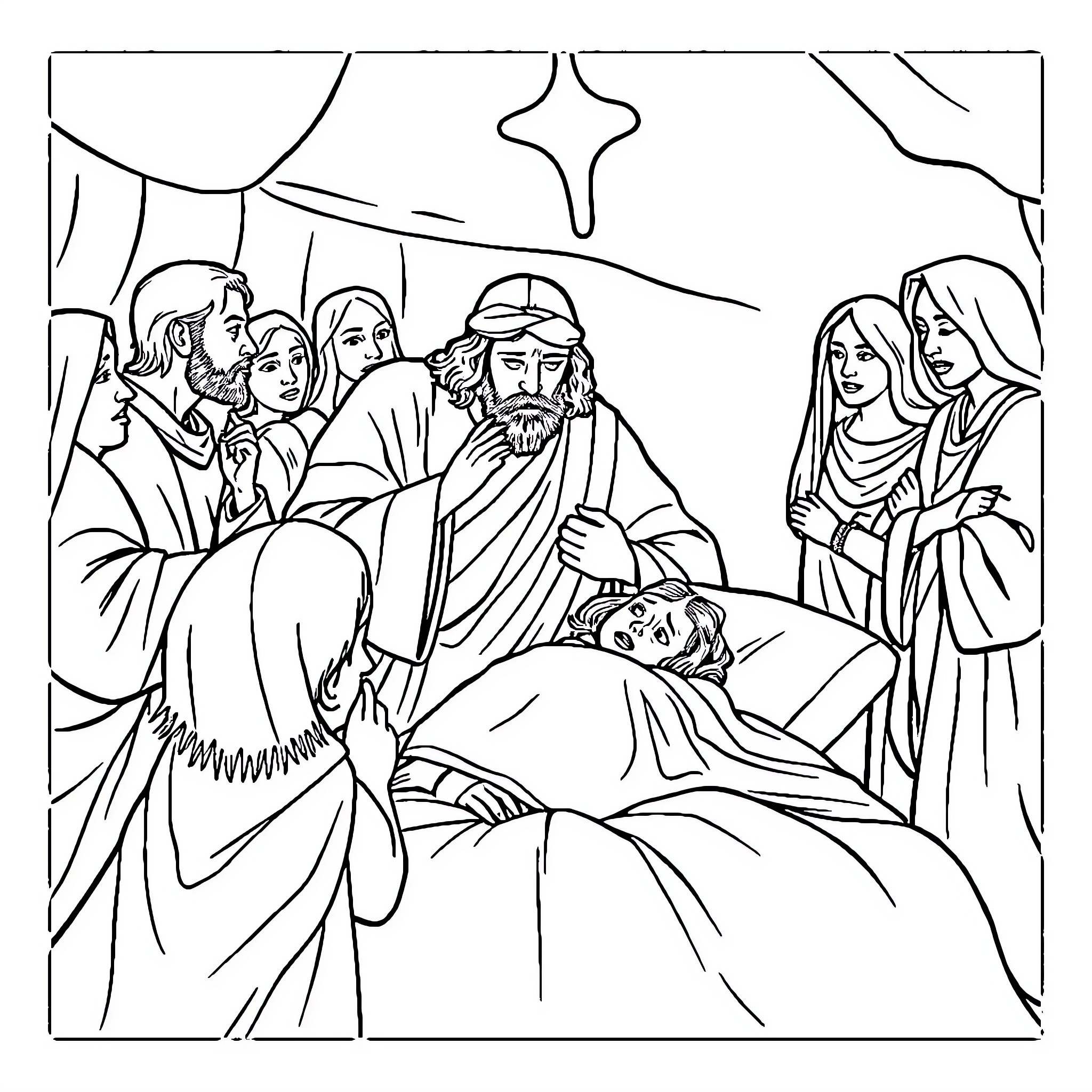 Jesus Healing the Sick in a Crowded Room Coloring Page (free black-and-white line drawing printable PDF for all, from beginners to advanced learners, including children, teens, adults, and seniors)