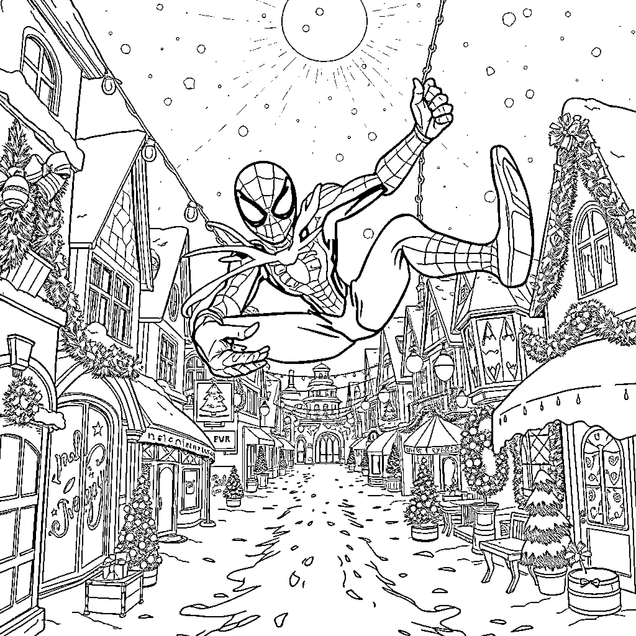 Spider-Man swinging through the city at night Coloring Page (free black-and-white line drawing printable PDF for all, from beginners to advanced learners, including children, teens, adults, and seniors)
